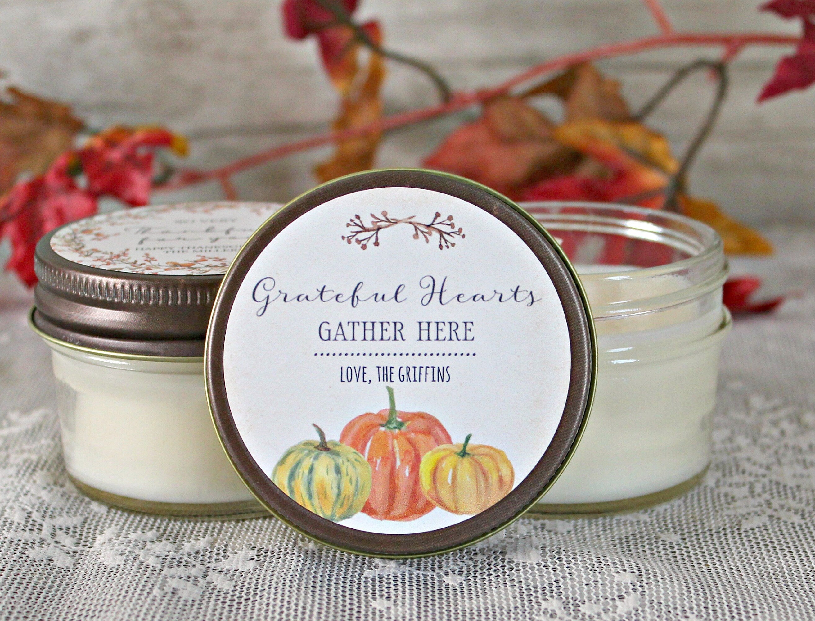 Thanksgiving Favor Candles / Grateful Hearts Gather Here / Thanksgiving Gift / Personalized 4 oz. Holiday Favor Candle / Fall Pumpkins