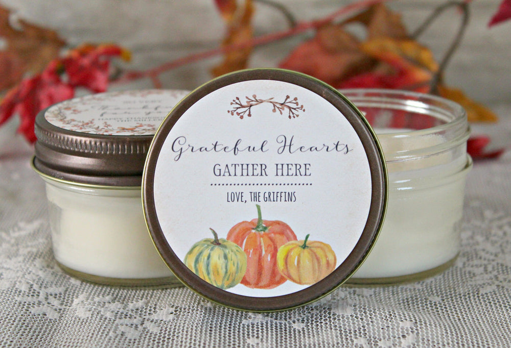 Thanksgiving Favor Candles / Grateful Hearts Gather Here / Thanksgiving Gift / Personalized 4 oz. Holiday Favor Candle / Fall Pumpkins