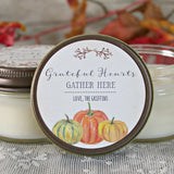 Thanksgiving Favor Candles / Grateful Hearts Gather Here / Thanksgiving Gift / Personalized 4 oz. Holiday Favor Candle / Fall Pumpkins