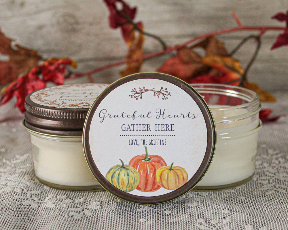 Thanksgiving Favor Candles / Grateful Hearts Gather Here / Thanksgiving Gift / Personalized 4 oz. Holiday Favor Candle / Fall Pumpkins