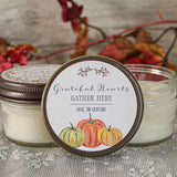 Thanksgiving Favor Candles / Grateful Hearts Gather Here / Thanksgiving Gift / Personalized 4 oz. Holiday Favor Candle / Fall Pumpkins