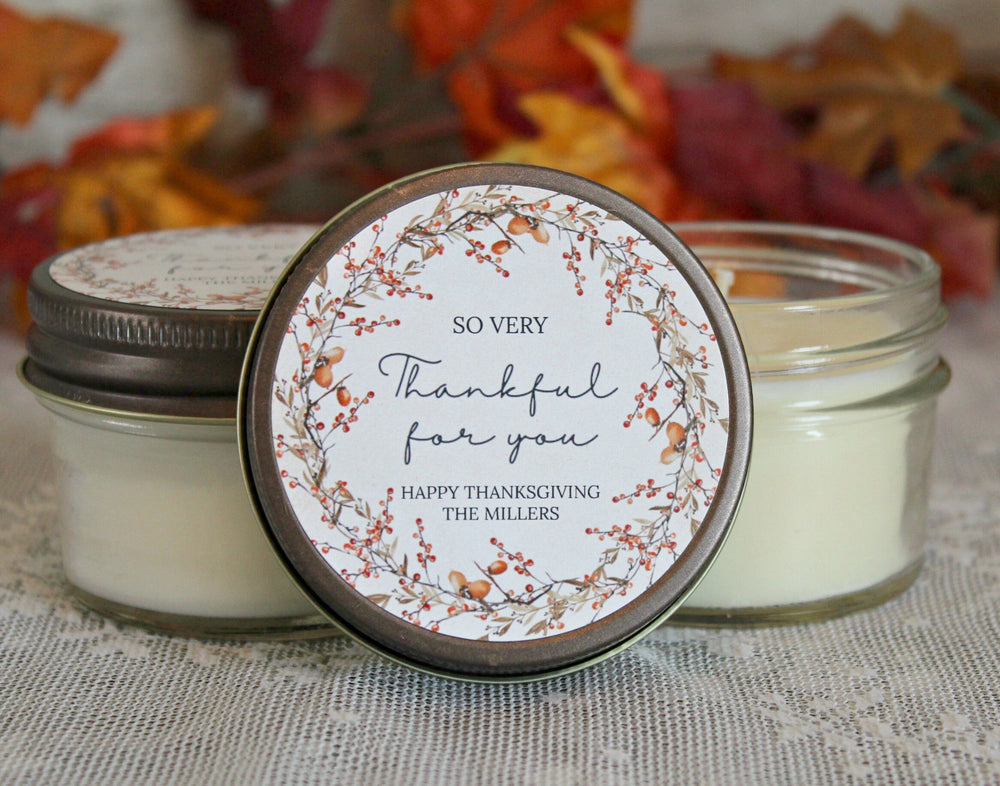 Thanksgiving Candle Favor / So very Thankful for you / Thanksgiving Table / Fall Candle / Hostess Gift / 4 oz. Candle Favors