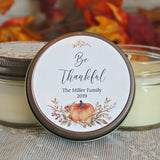 Thanksgiving Candle Favor / Be Thankful / Thanksgiving Table / Fall Candle/ Hostess Gift / Personalized 4 oz. Candle Favors / Pumpkin