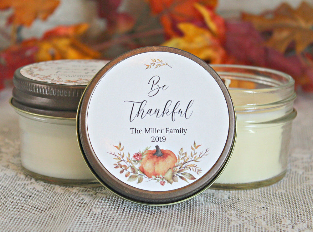 Thanksgiving Candle Favor / Be Thankful / Thanksgiving Table / Fall Candle/ Hostess Gift / Personalized 4 oz. Candle Favors / Pumpkin