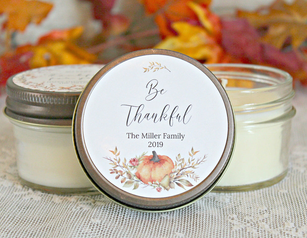 Thanksgiving Candle Favor / Be Thankful / Thanksgiving Table / Fall Candle/ Hostess Gift / Personalized 4 oz. Candle Favors / Pumpkin