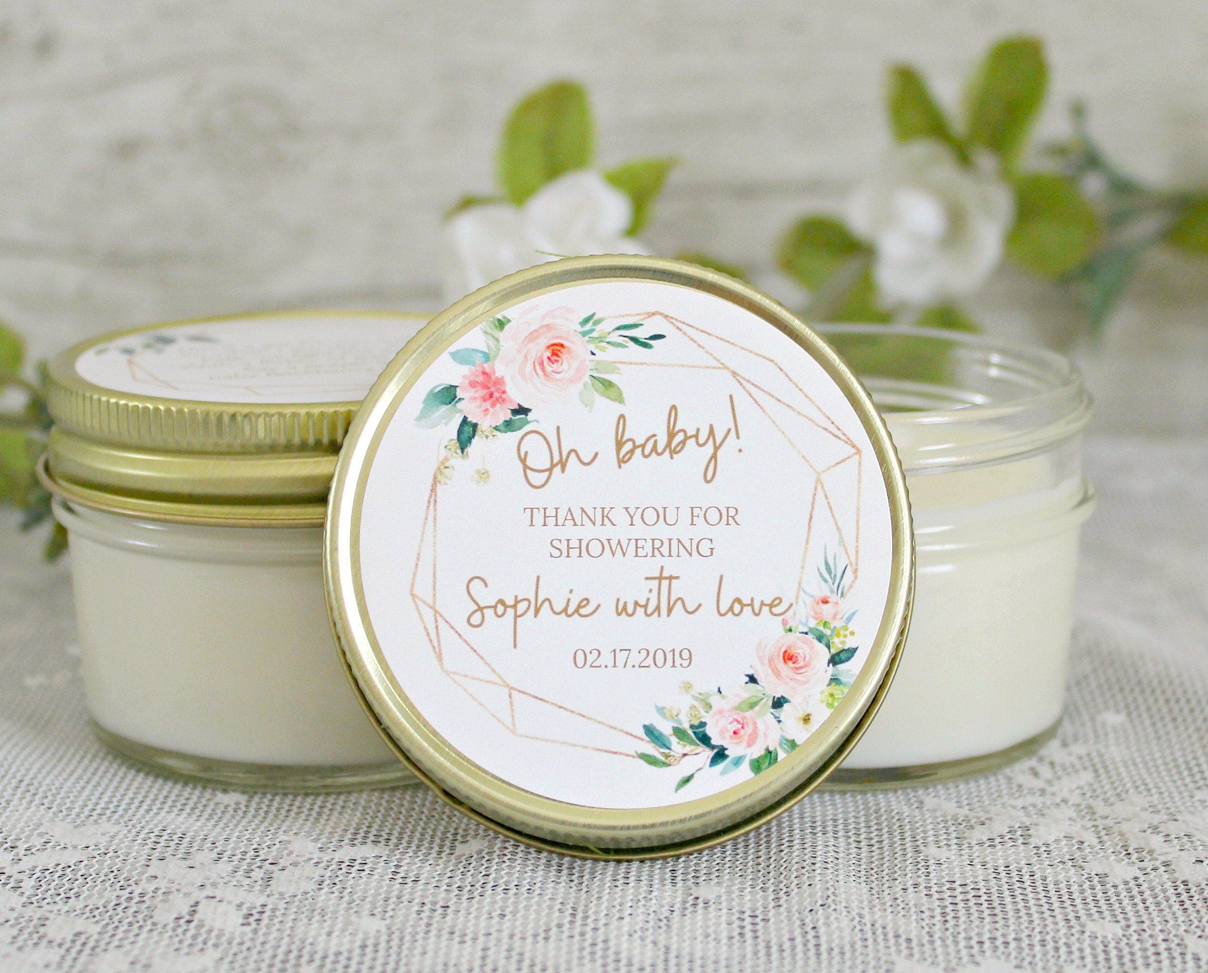 Oh Baby Shower Favors /Personalized 4 oz. Soy Candle or Sugar Scrub Favors / Baby Shower Girl / Baby Girl Shower Favors / Modern Baby Shower
