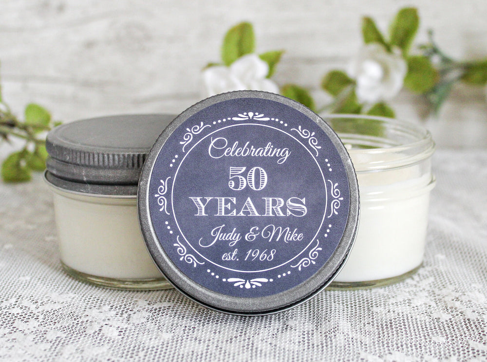 50th Anniversary Party Favors / Personalized 4oz candle favors / Anniversary Gift for Parents / Anniversary Gifts /Favors for Guests in Bulk