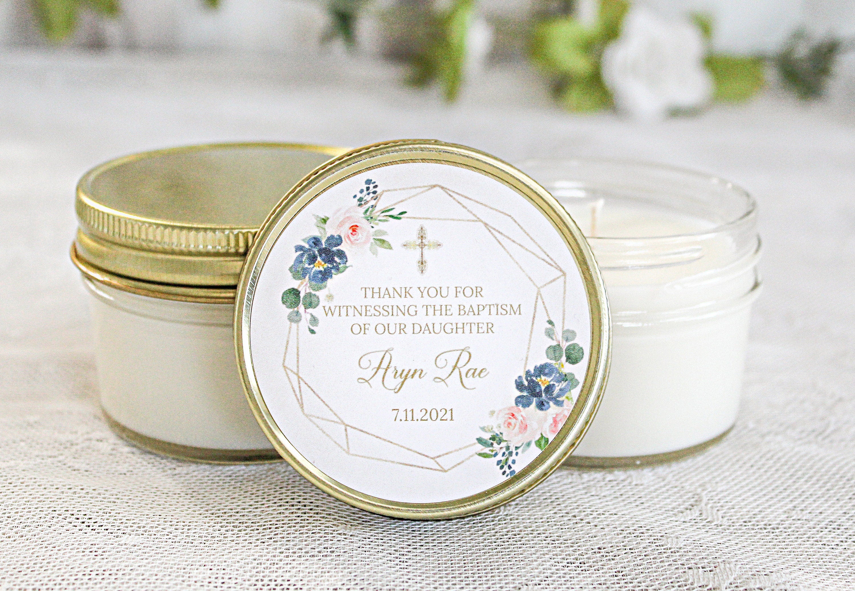 Navy, Blush & Gold Baptism Favors / 4 oz - Soy Candle Favors / Girl Baptism / Communion Favor / Baby Baptism Favor