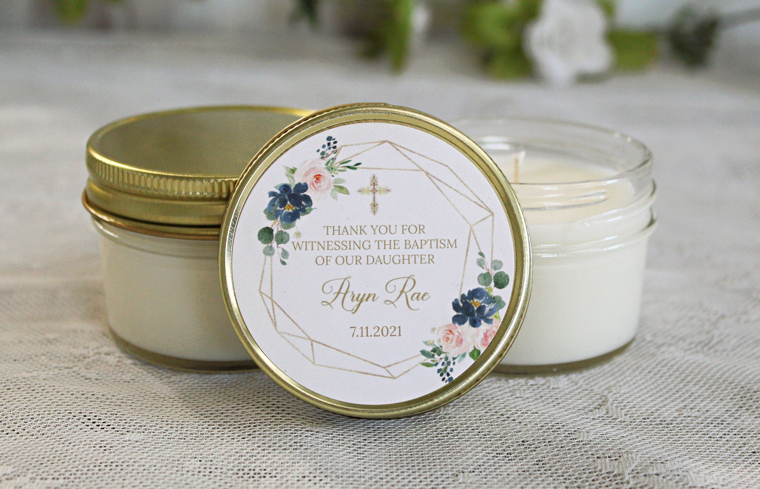 Navy, Blush & Gold Baptism Favors / 4 oz - Soy Candle Favors / Girl Baptism / Communion Favor / Baby Baptism Favor