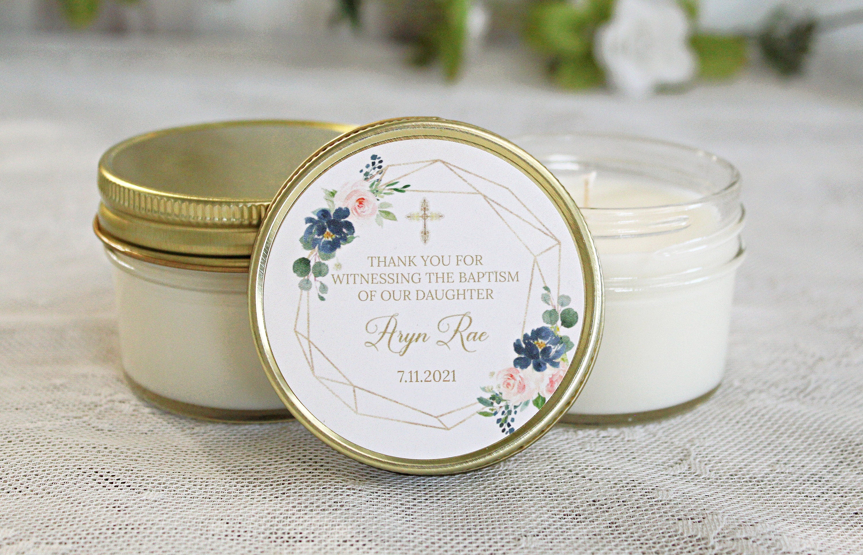 Navy, Blush & Gold Baptism Favors / 4 oz - Soy Candle Favors / Girl Baptism / Communion Favor / Baby Baptism Favor