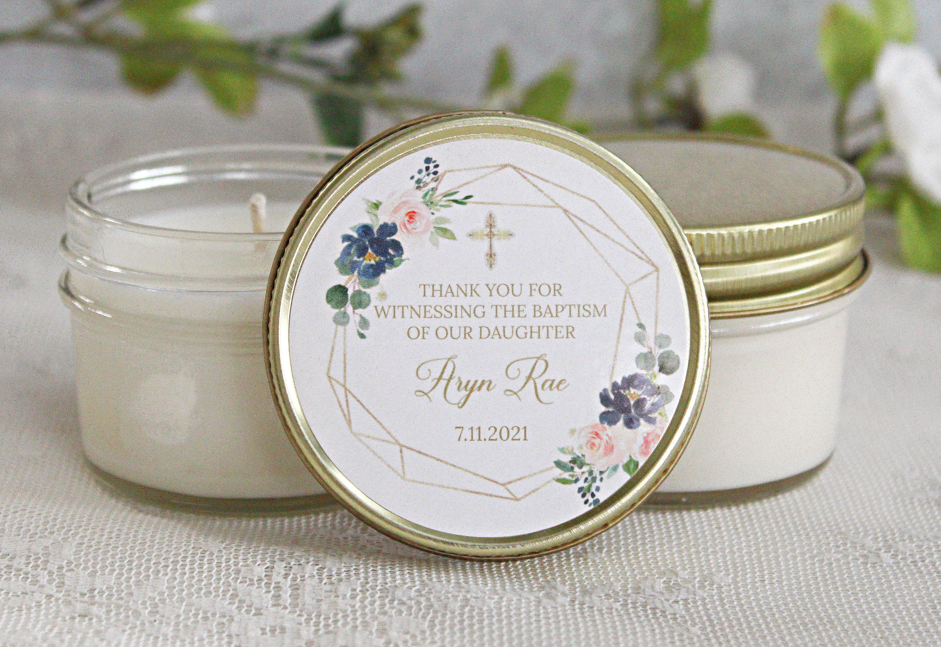 Navy, Blush & Gold Baptism Favors / 4 oz - Soy Candle Favors / Girl Baptism / Communion Favor / Baby Baptism Favor