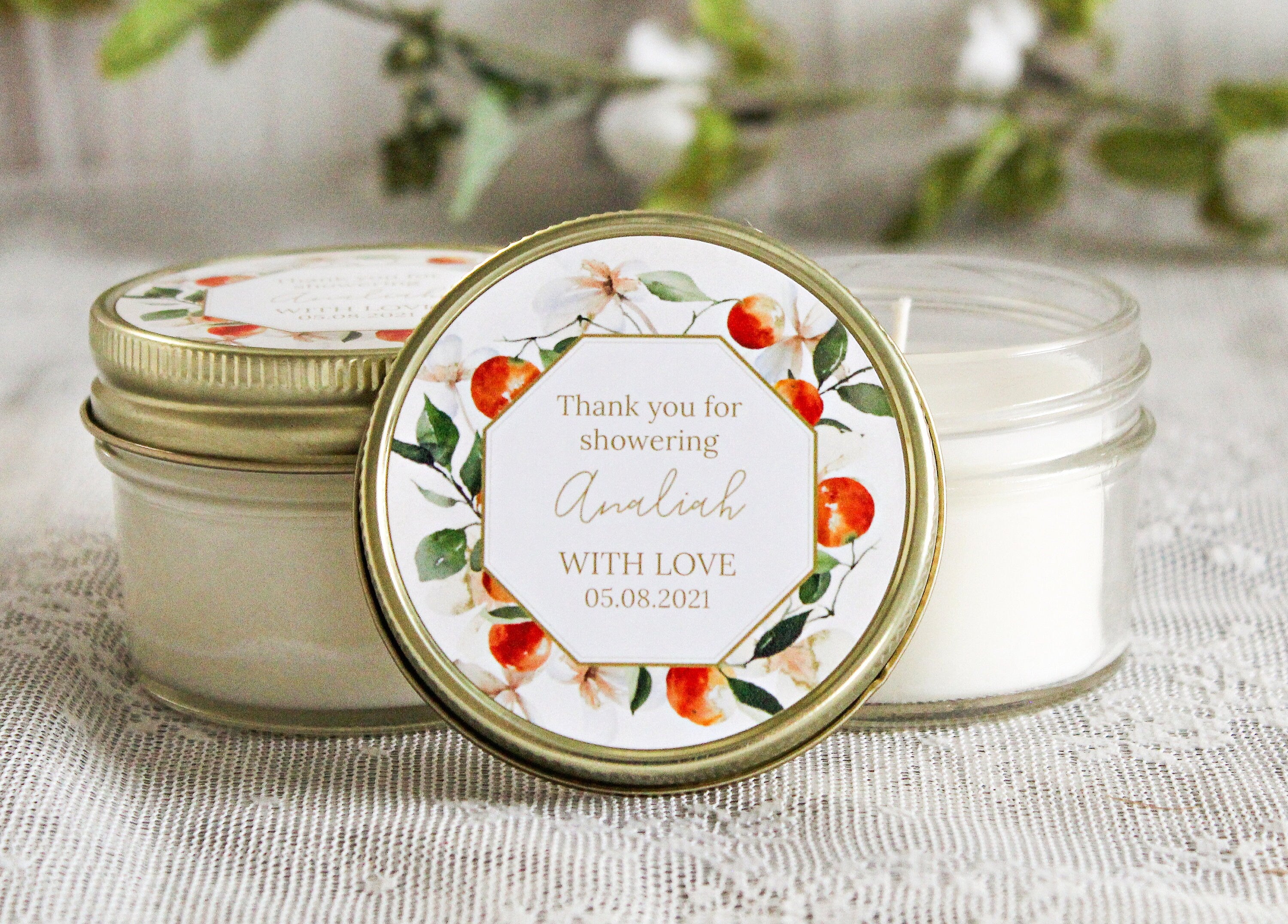 Little Cutie Baby Shower Favor / Personalized 4 oz. Soy Candle Favors / Orange Floral Favor Candles / Citrus Party Favor