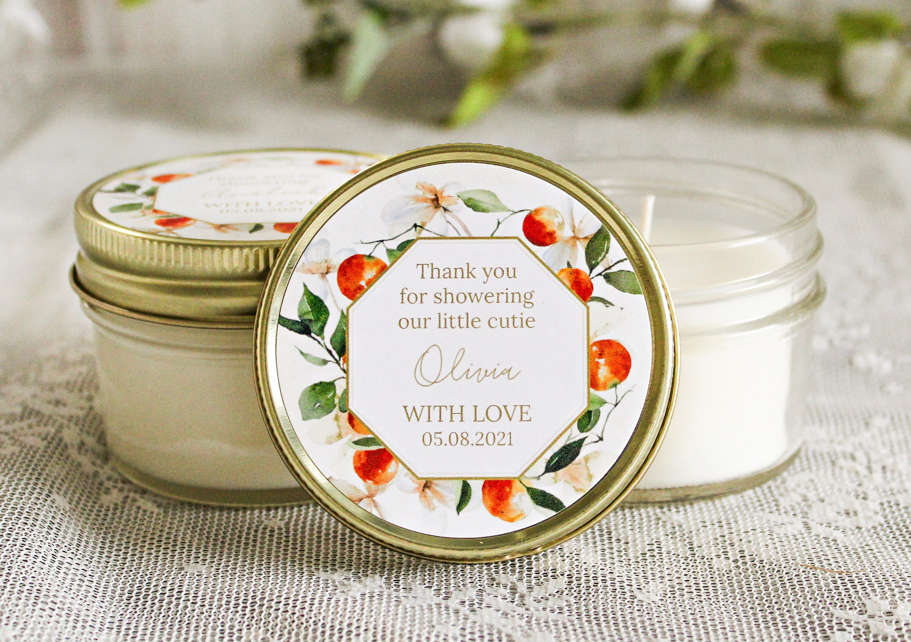 Little Cutie Baby Shower Favor / Personalized 4 oz. Soy Candle Favors / Orange Floral Favor Candles / Citrus Party Favor