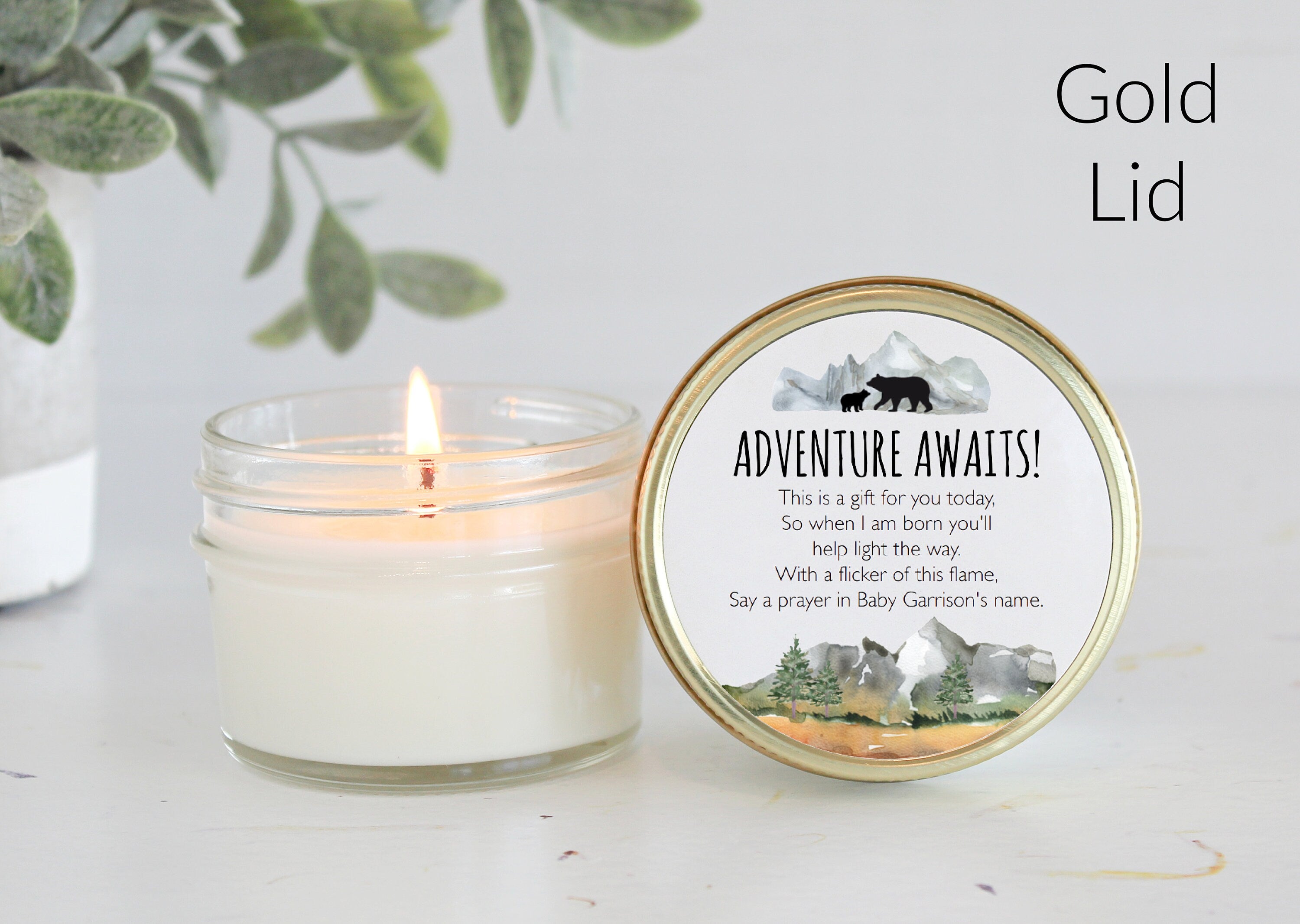 Adventure Baby Shower Favors / Adventure Awaits / Bulk 4 oz Candle Favors / Mountain Baby Shower / Boy Baby Shower / Forest Woodland