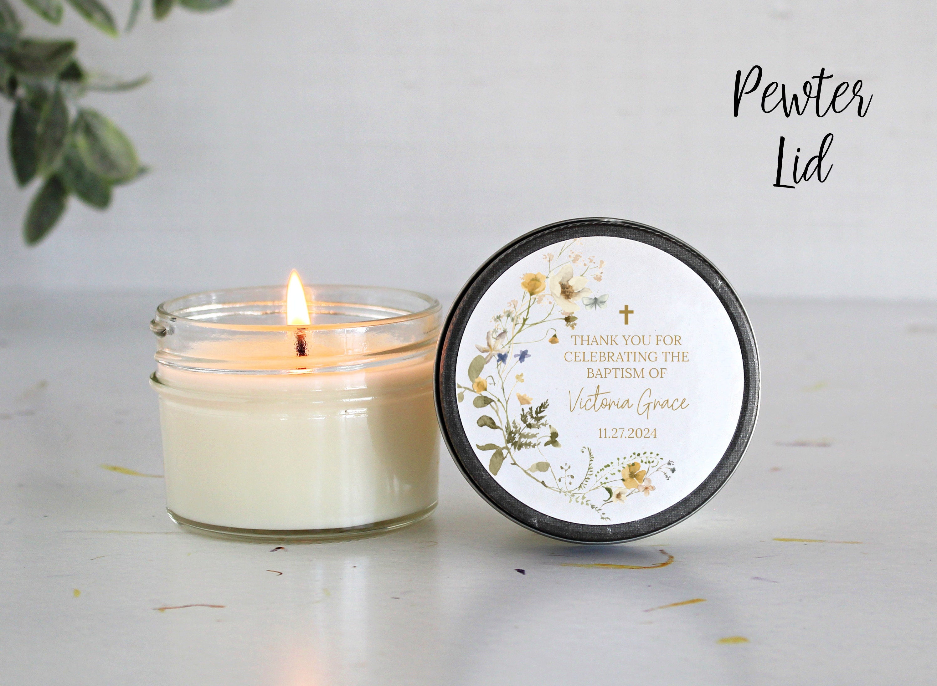 Wildflower Baptism Favors / 4 oz - Soy Candle Favors / Girl Baptism / Communion Favor / Baby Baptism Favor / Personalized Favor
