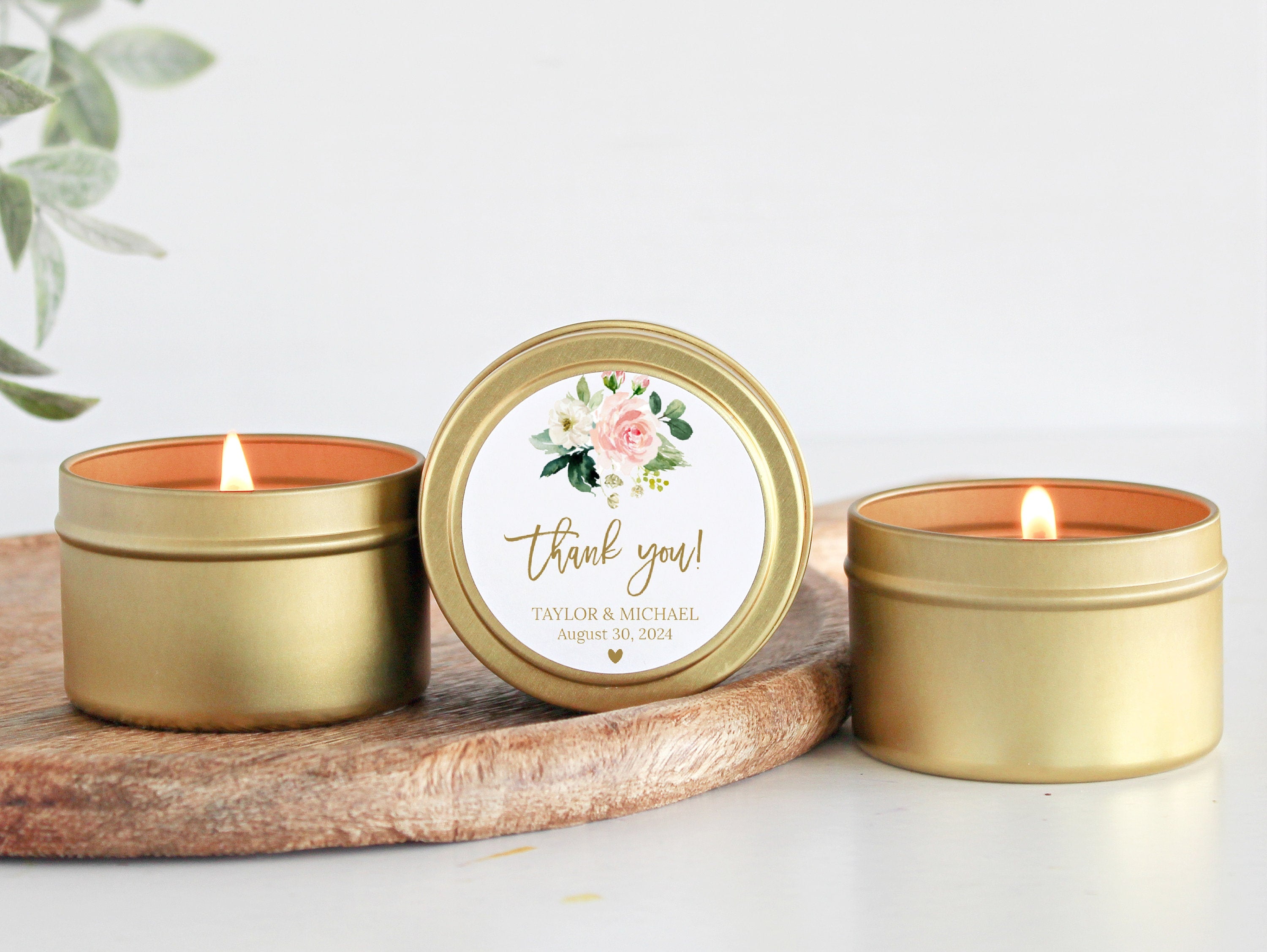 Wedding Favors/ Bulk for Guests / Blush Floral Candle Favors / Set of 10 Candle Favors / Personalized Wedding Favors / Gold Tin Candles