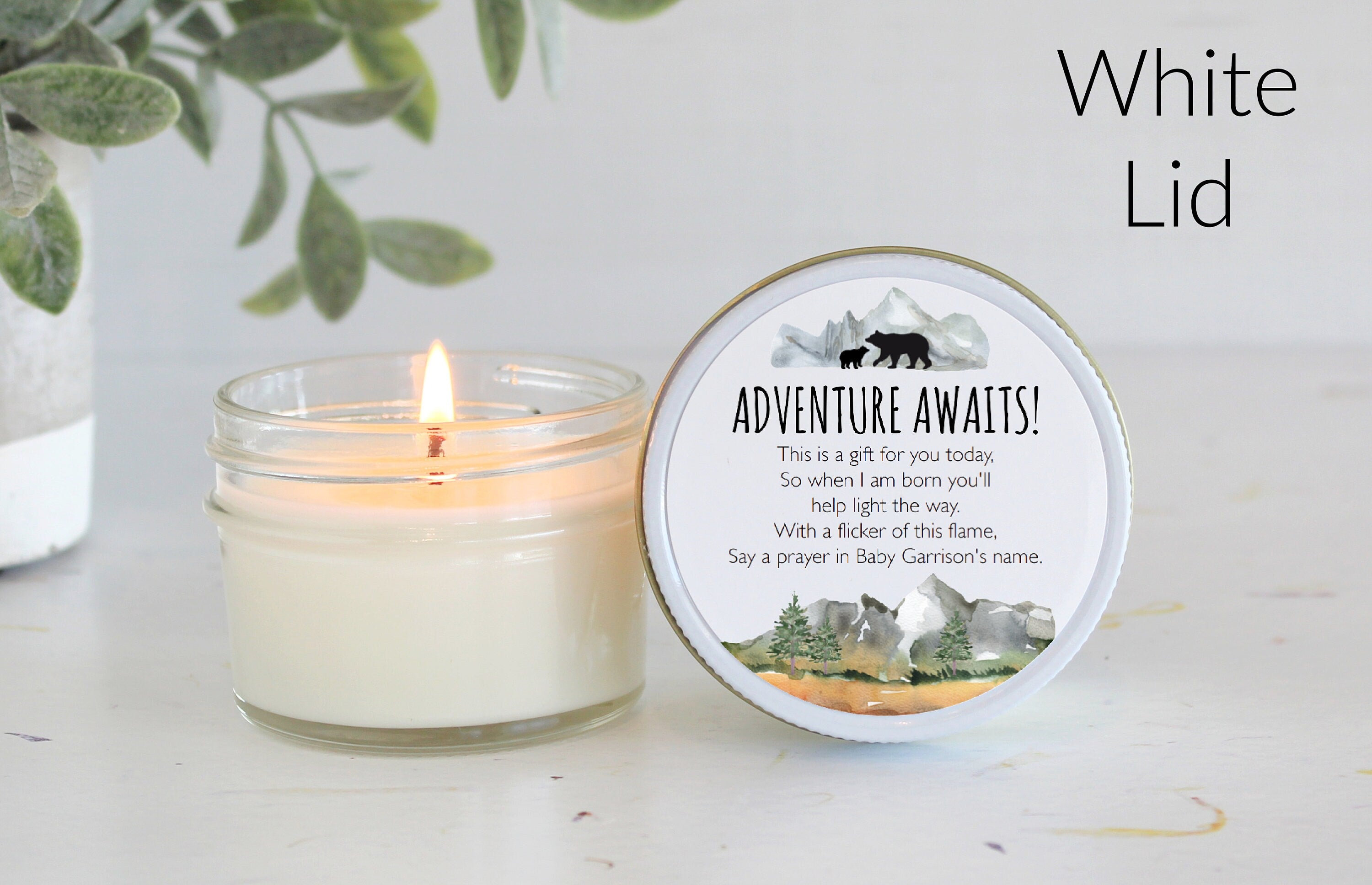 Adventure Baby Shower Favors / Adventure Awaits / Bulk 4 oz Candle Favors / Mountain Baby Shower / Boy Baby Shower / Forest Woodland