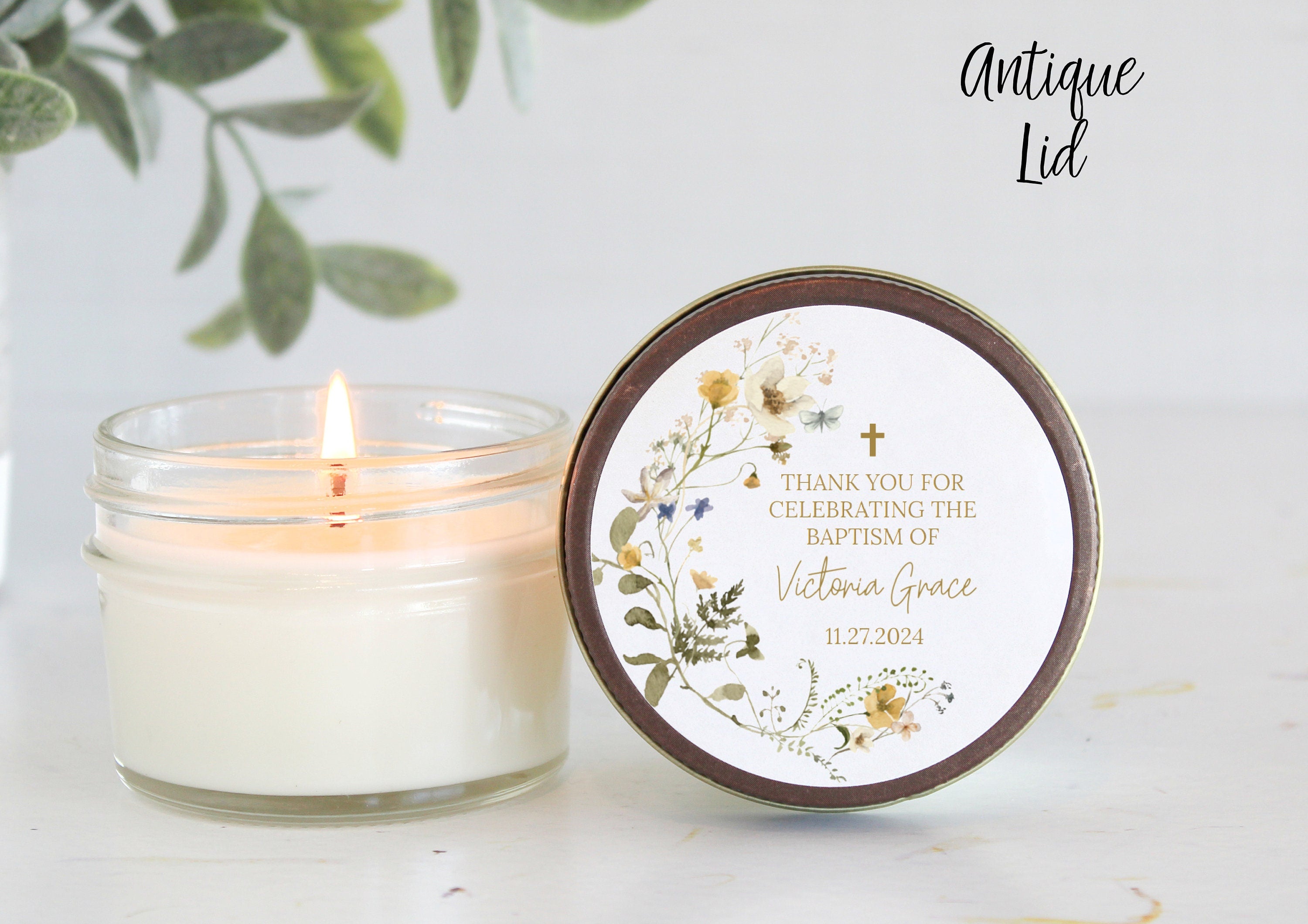 Wildflower Baptism Favors / 4 oz - Soy Candle Favors / Girl Baptism / Communion Favor / Baby Baptism Favor / Personalized Favor