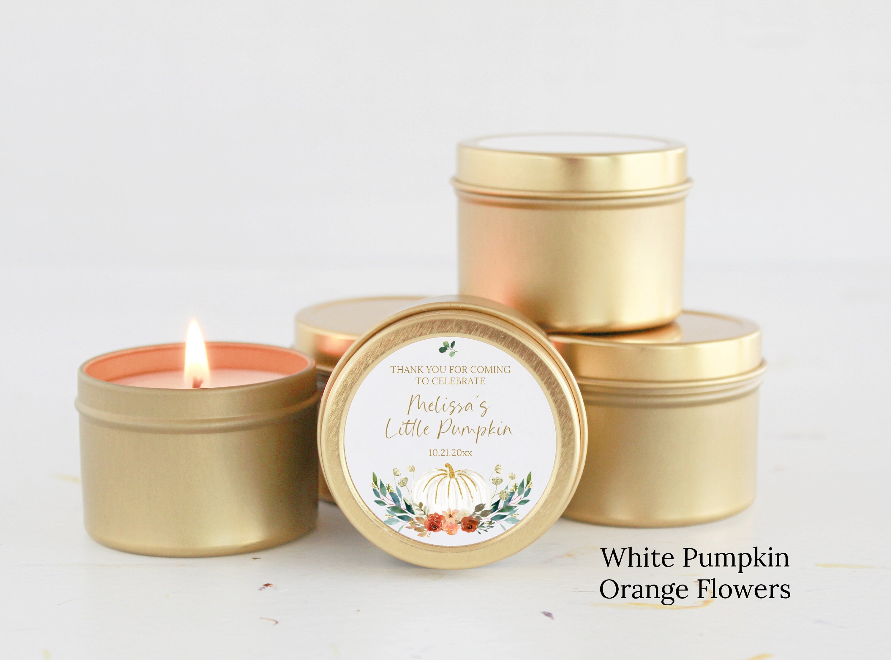 Little Pumpkin Party Favors / For Guests in Bulk / Baby Shower Candles / Pumpkin Favors / Set of 10 / Gold Tin / For Girls / For Boys