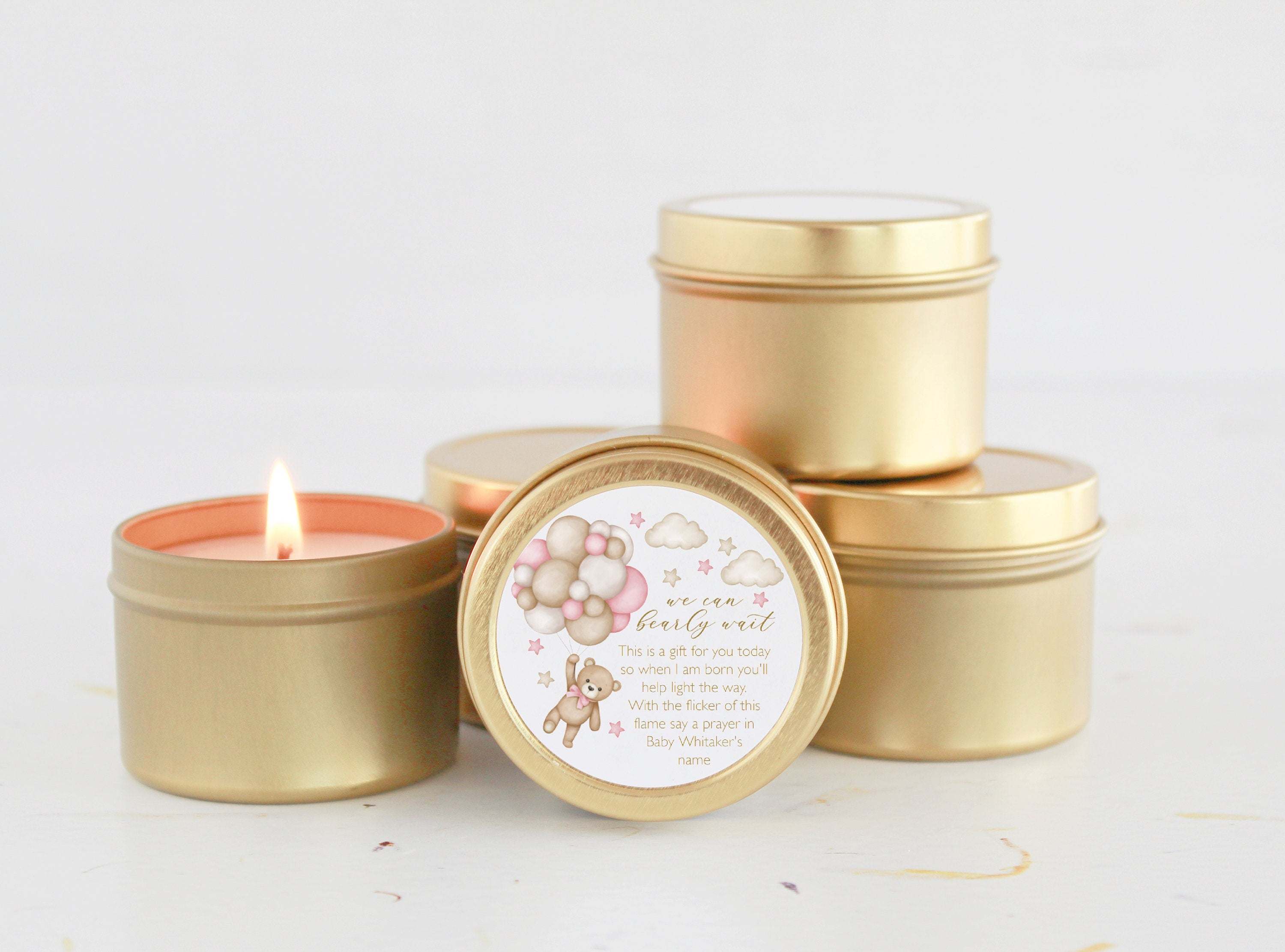 Teddy Bear Baby Shower Favors / For Guests in Bulk / Candle Favors / Baby Boy / Baby Girl / Gold Tins / Unique Favors / Personalized