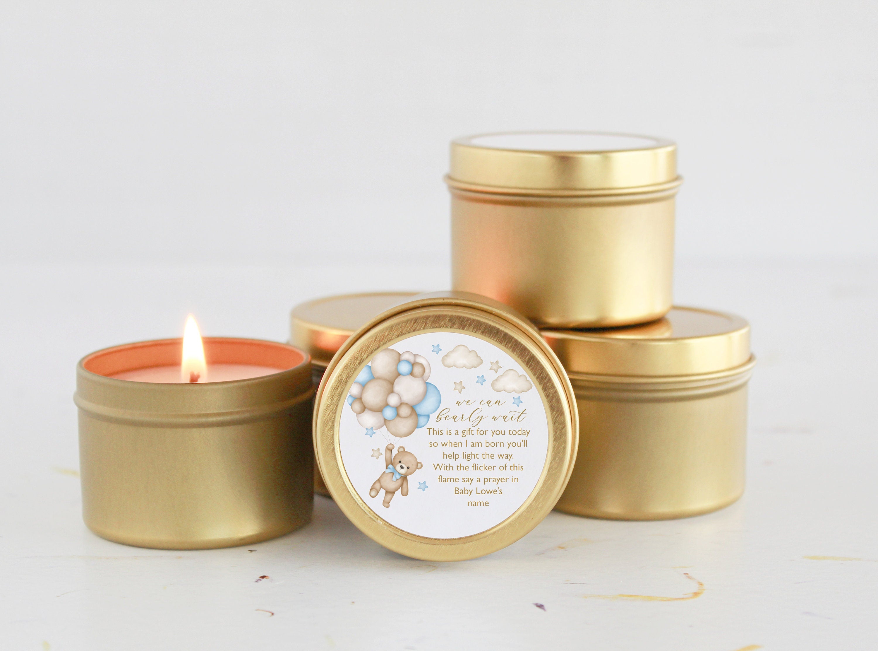 Teddy Bear Baby Shower Favors / For Guests in Bulk / Candle Favors / Baby Boy / Baby Girl / Gold Tins / Unique Favors / Personalized