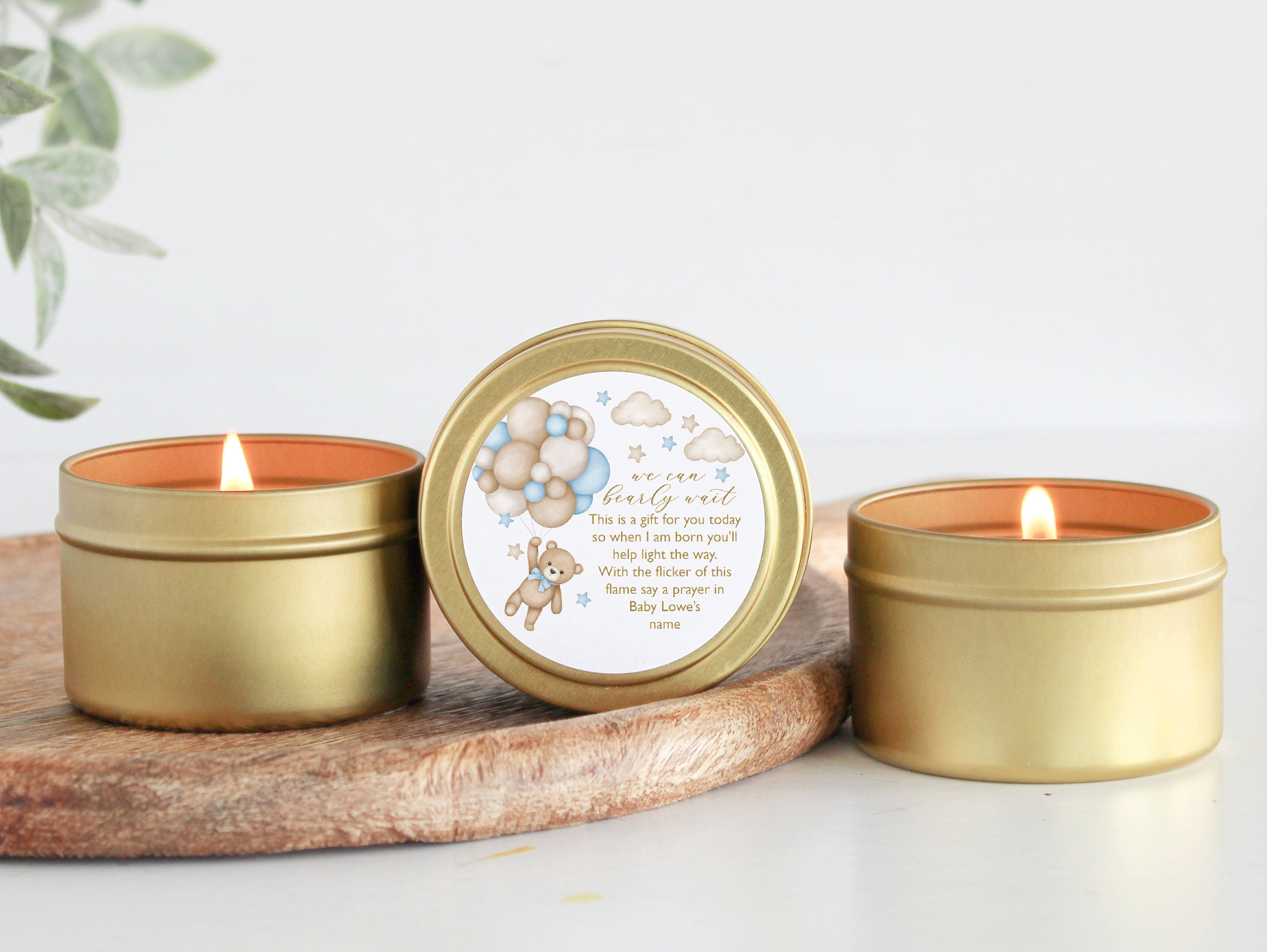 Teddy Bear Baby Shower Favors / For Guests in Bulk / Candle Favors / Baby Boy / Baby Girl / Gold Tins / Unique Favors / Personalized