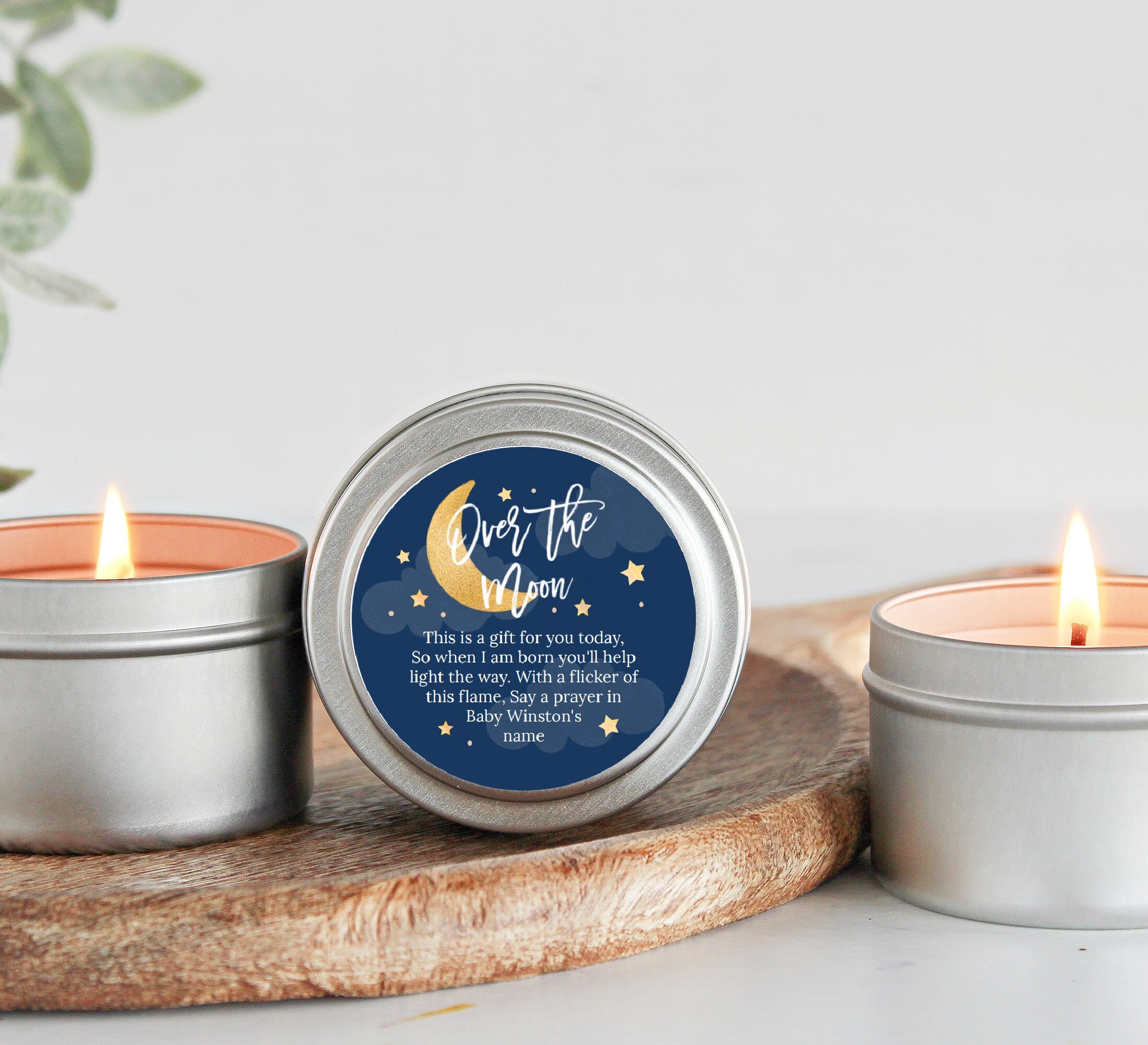 Over the Moon Baby Shower Favors / For Guests in Bulk / Candle Favors / Baby Boy / Baby Girl / Gold Tins / Set of 10 / Personalized