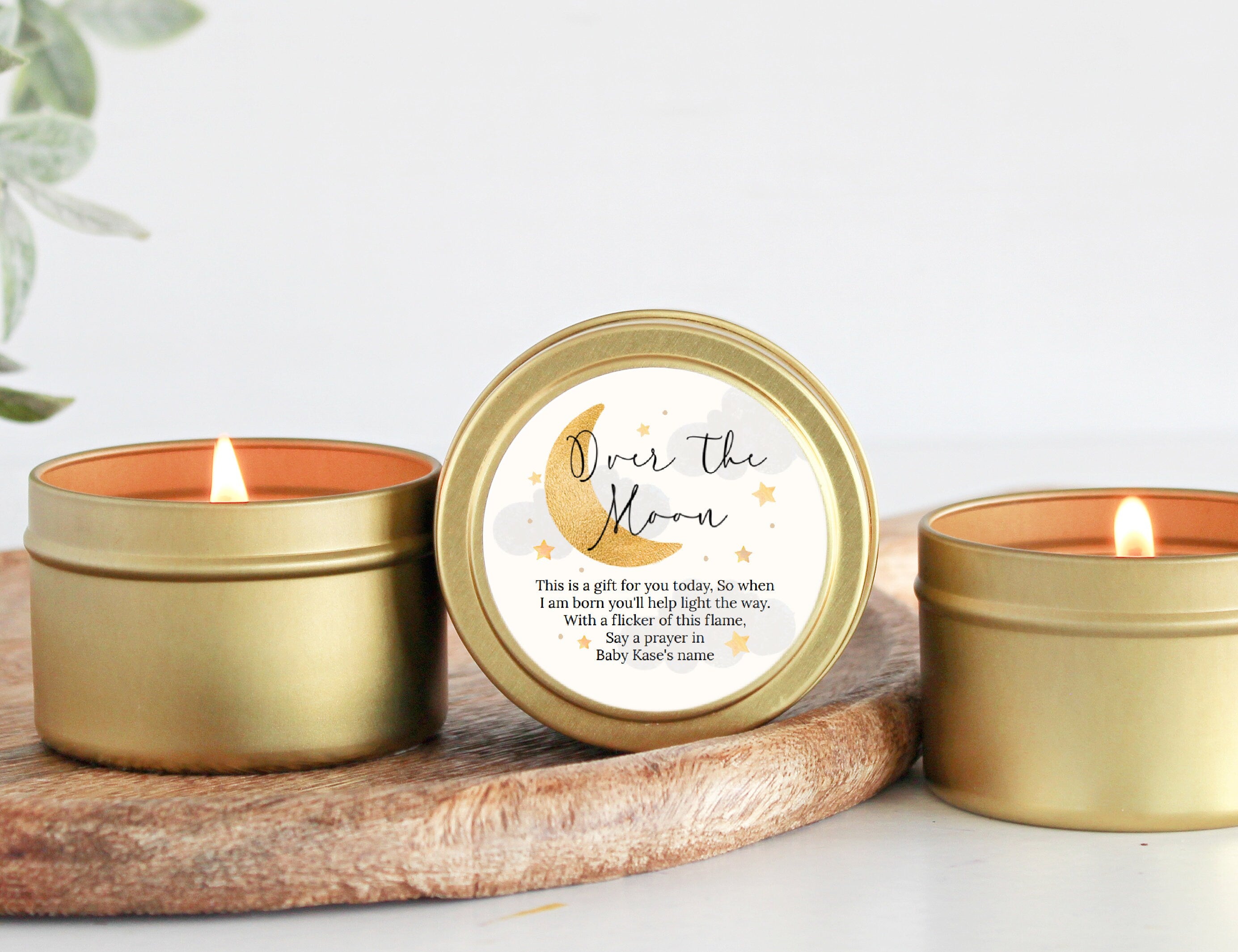 Over the Moon Baby Shower Favors / For Guests in Bulk / Candle Favors / Baby Boy / Baby Girl / Gold Tins / Set of 10 / Personalized