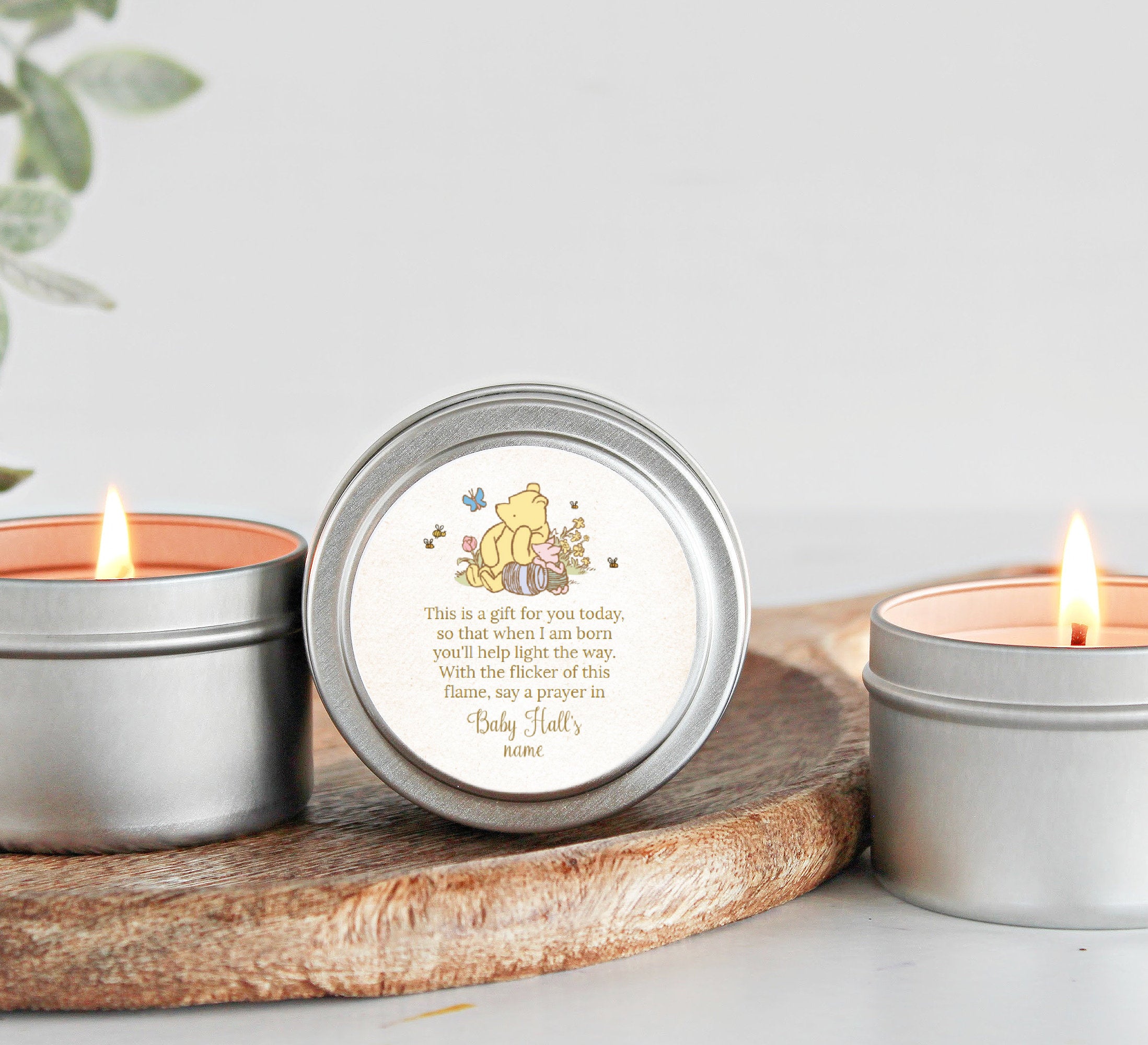Winnie The Pooh Baby Shower Favors / For Guests in Bulk / Candle Favors / Baby Boy / Baby Girl / Gold Tins / Set of 10 / Personalized