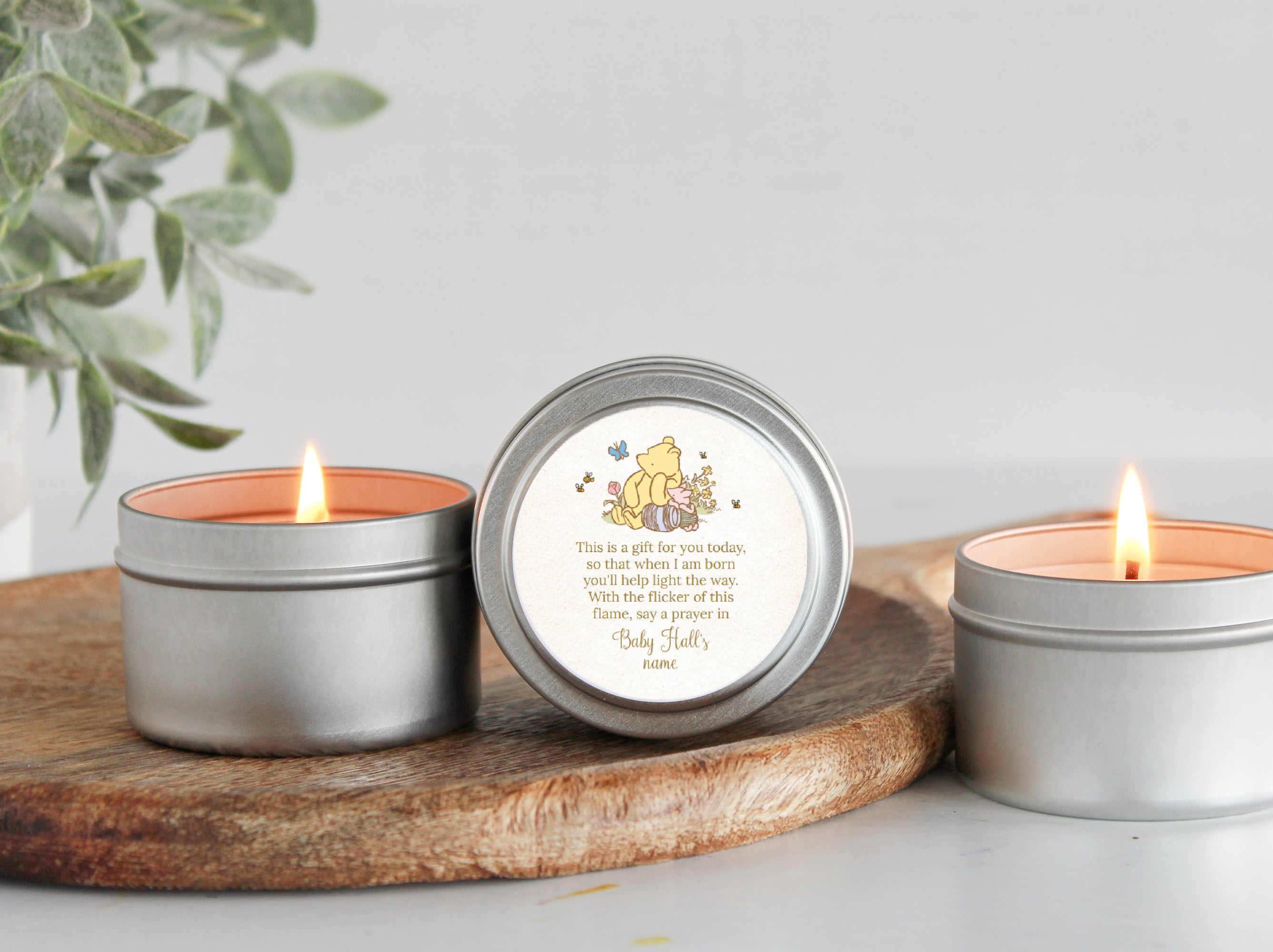 Winnie The Pooh Baby Shower Favors / For Guests in Bulk / Candle Favors / Baby Boy / Baby Girl / Gold Tins / Set of 10 / Personalized
