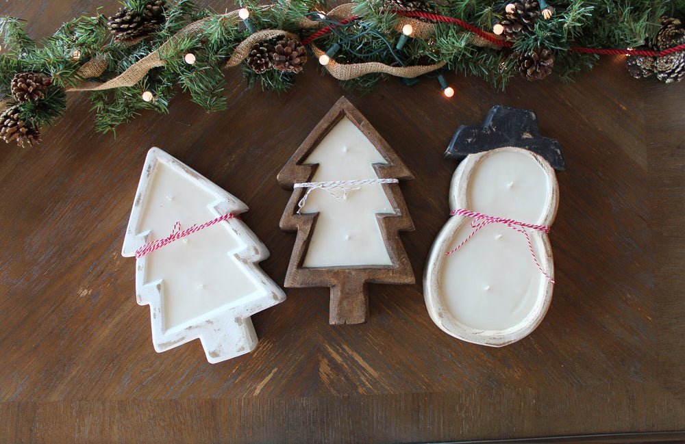 Christmas Wood Bowl Candle / Christmas Tree/ Snow Man / 3 wick / Scented Dough Bowl / Pure Soy Candle / Handpoured /Farmhouse Decor