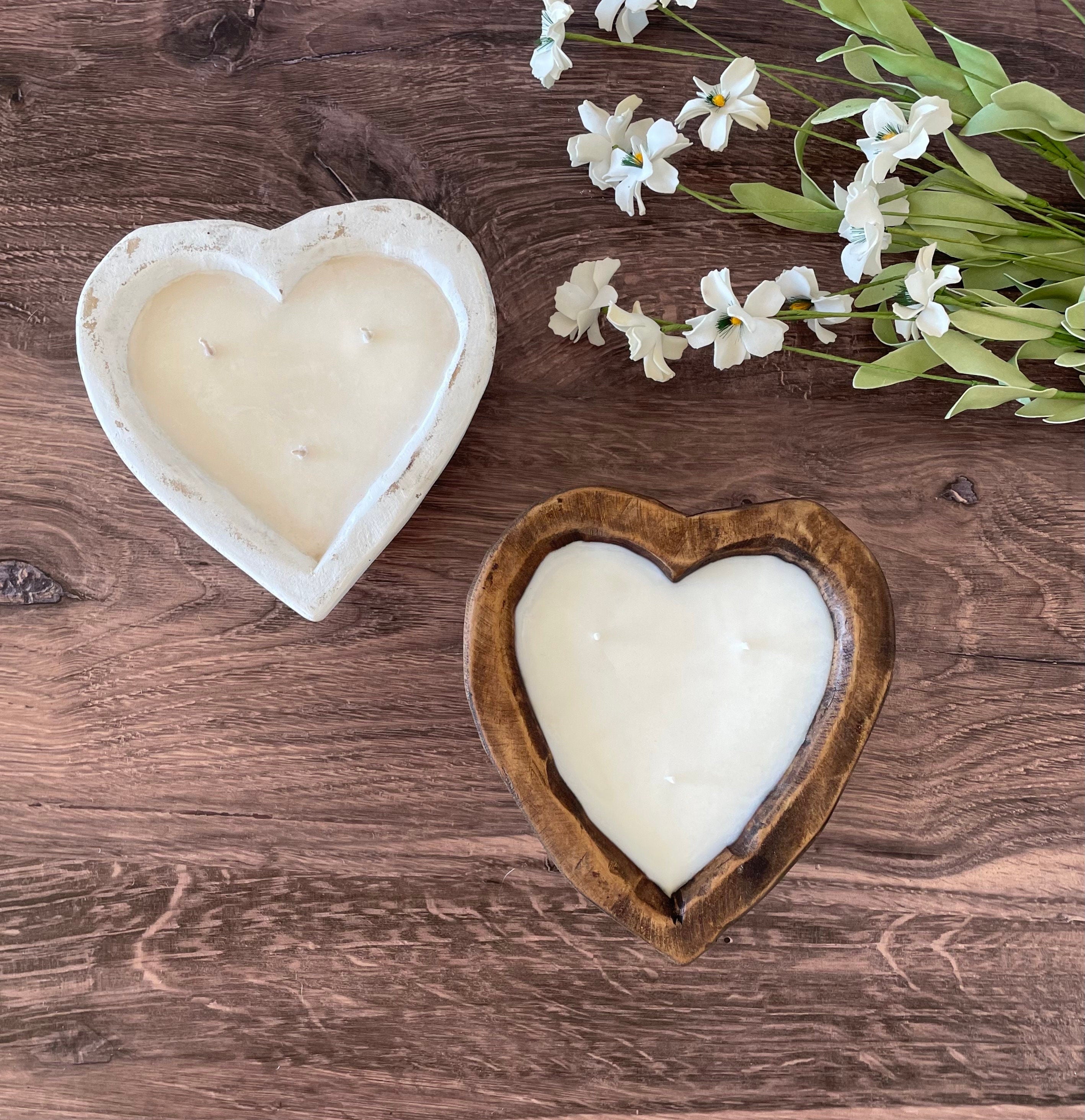 Heart Dough Bowl Candle / 3 wick Wood Bowl Candle / Valentines Day Gift / Pure Soy Candle / Scented Candle / Handpoured / Gift for Her