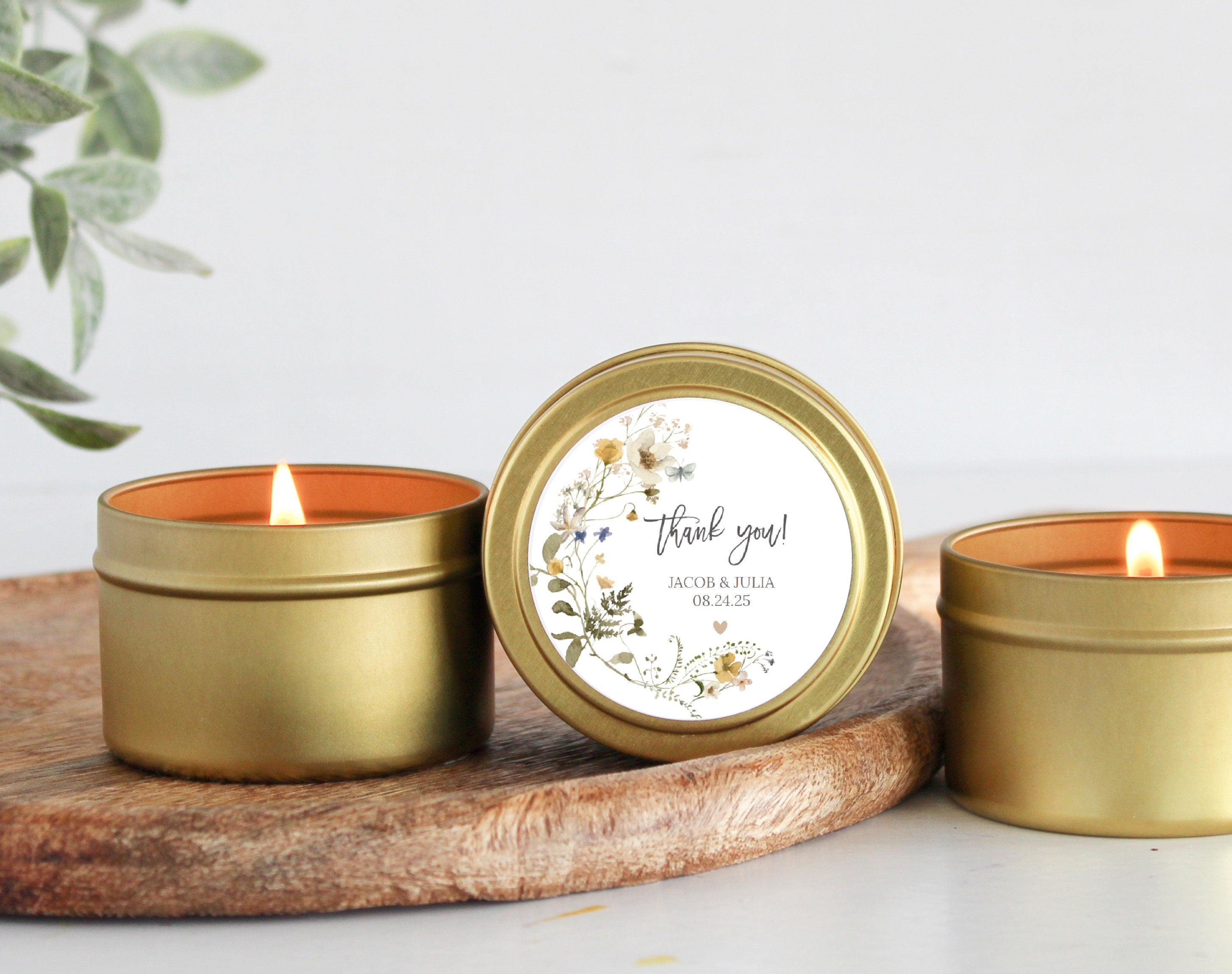 Wildflower Wedding Favors for Guests / Set of 10 Candle Favors / Boho Candle Favors / Personalized Wedding Favors / Gold Candle Tins