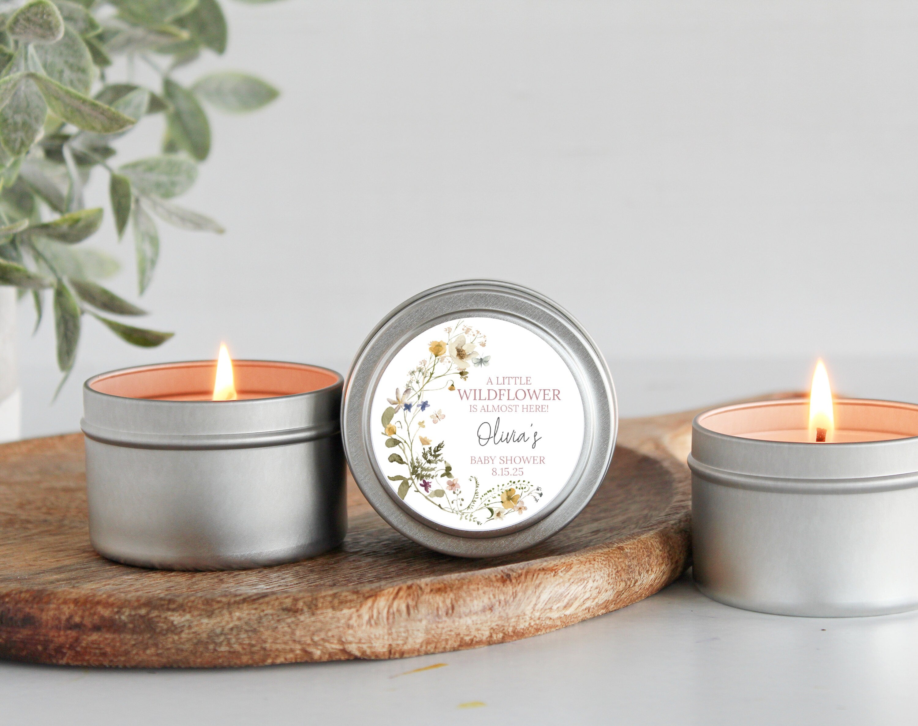 Wildflower Baby Shower Favors / For Guests Bulk / Soy Candle Favors / Baby In Bloom / Baby Girl / Set of 10 / Gold & Silver Tins / Unique