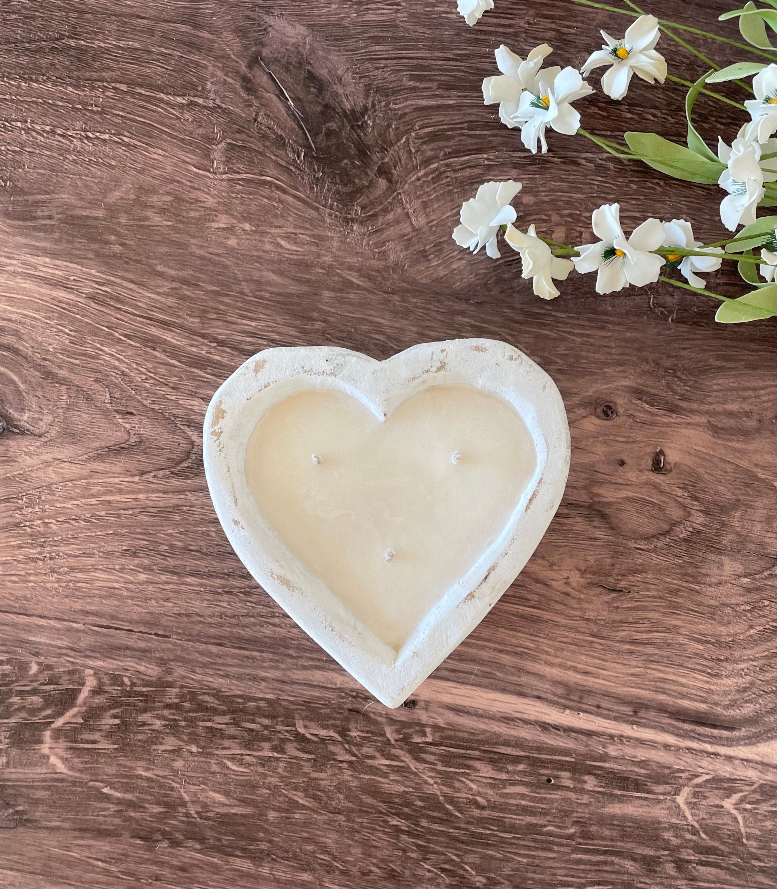 Heart Dough Bowl Candle / 3 wick Wood Bowl Candle / Valentines Day Gift / Pure Soy Candle / Scented Candle / Handpoured / Gift for Her