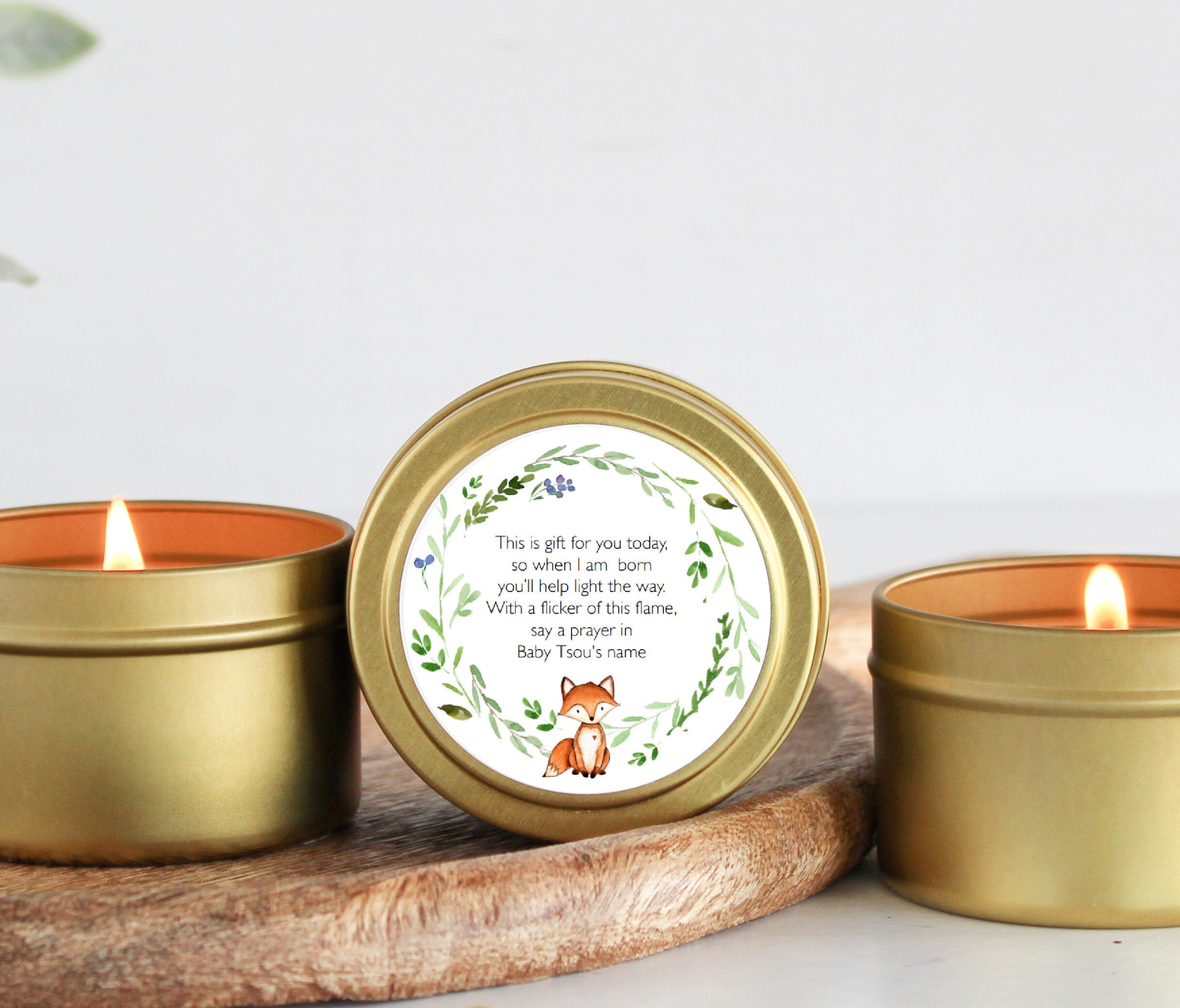 Woodland Fox Baby Shower Favors / For Guests Bulk / Soy Candle Favors / Baby Boy / Baby Girl / Set of 10 / Gold & Silver Tins / Unique