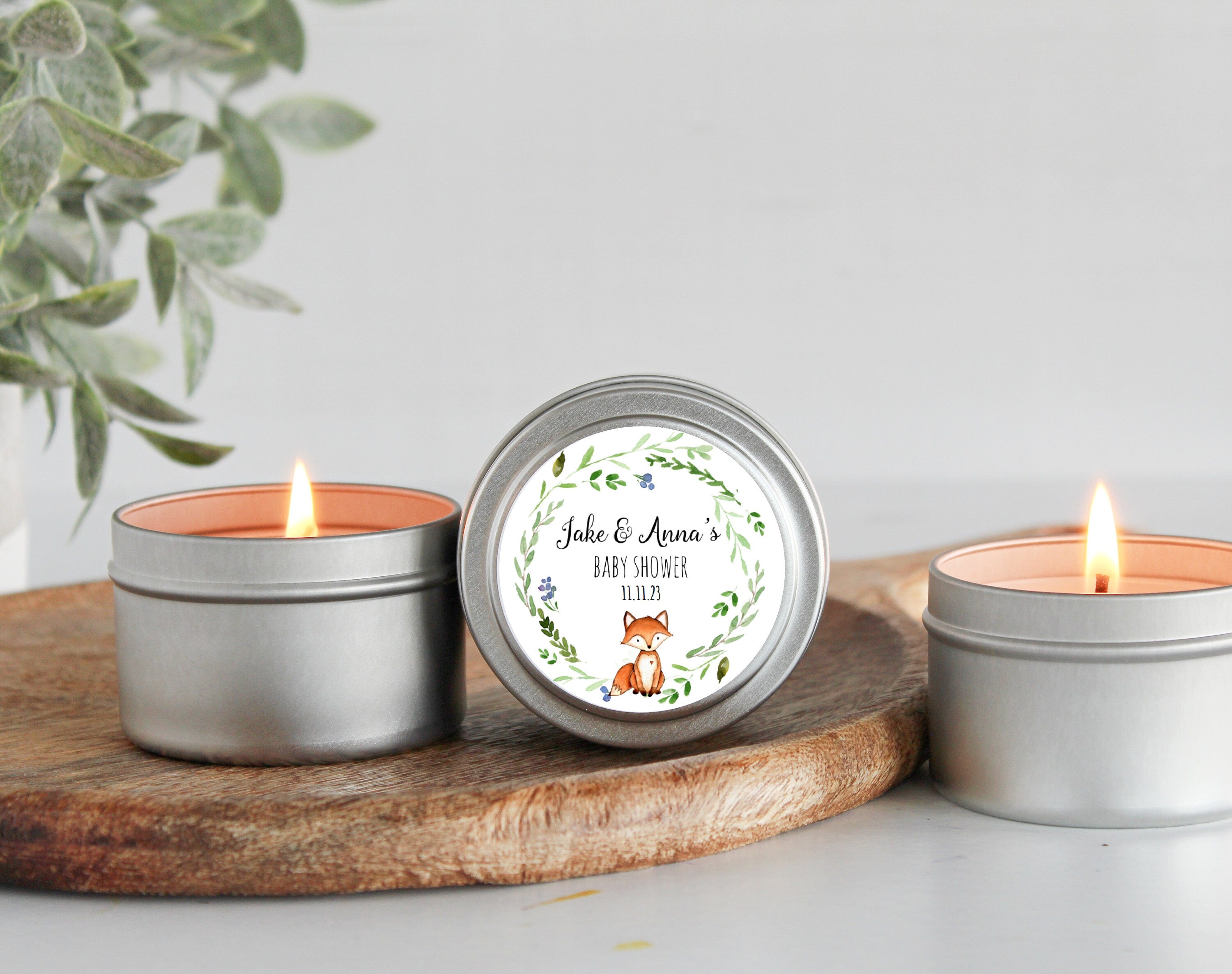 Woodland Fox Baby Shower Favors / For Guests Bulk / Soy Candle Favors / Baby Boy / Baby Girl / Set of 10 / Gold & Silver Tins / Unique