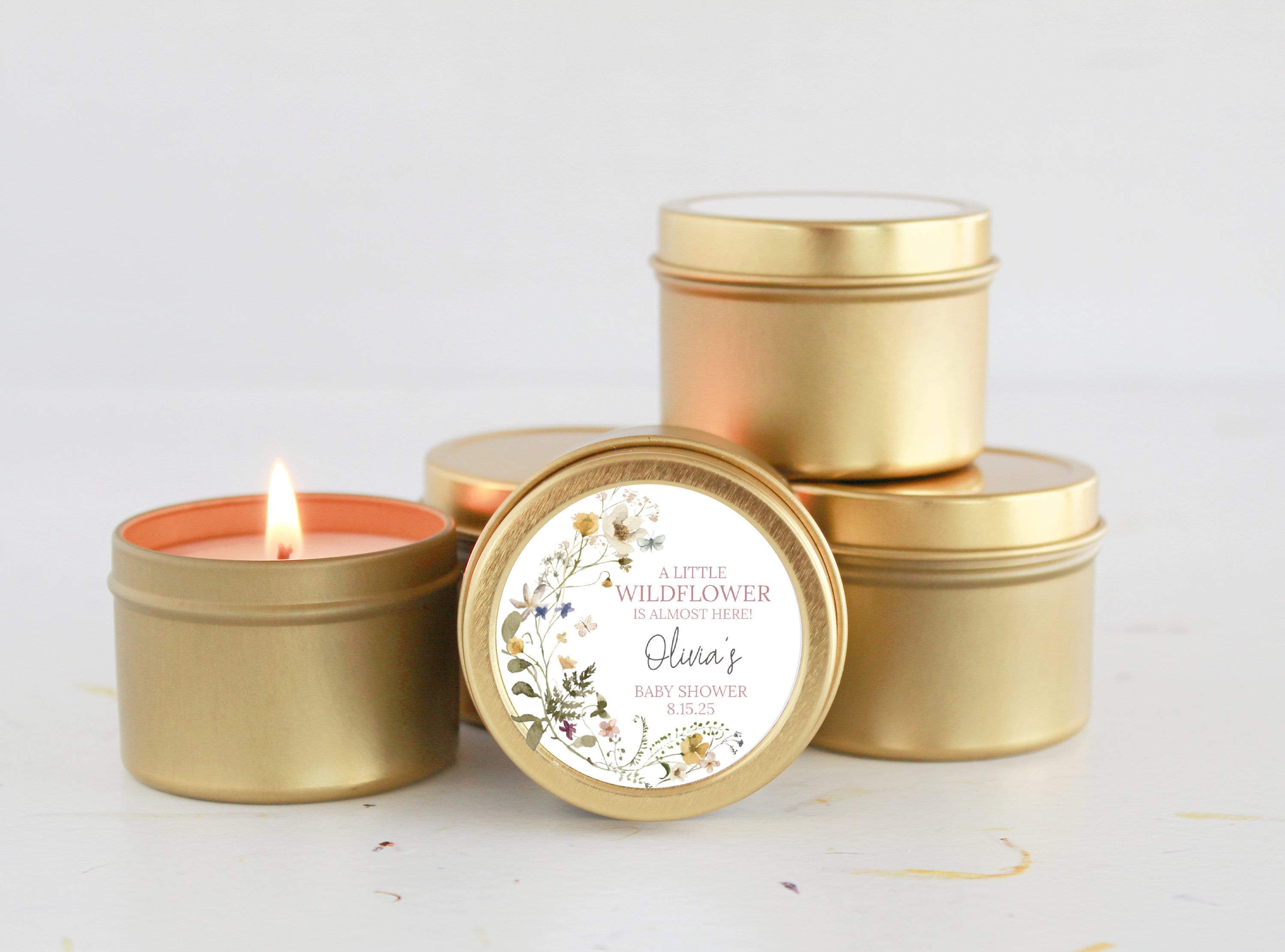 Wildflower Baby Shower Favors / For Guests Bulk / Soy Candle Favors / Baby In Bloom / Baby Girl / Set of 10 / Gold & Silver Tins / Unique