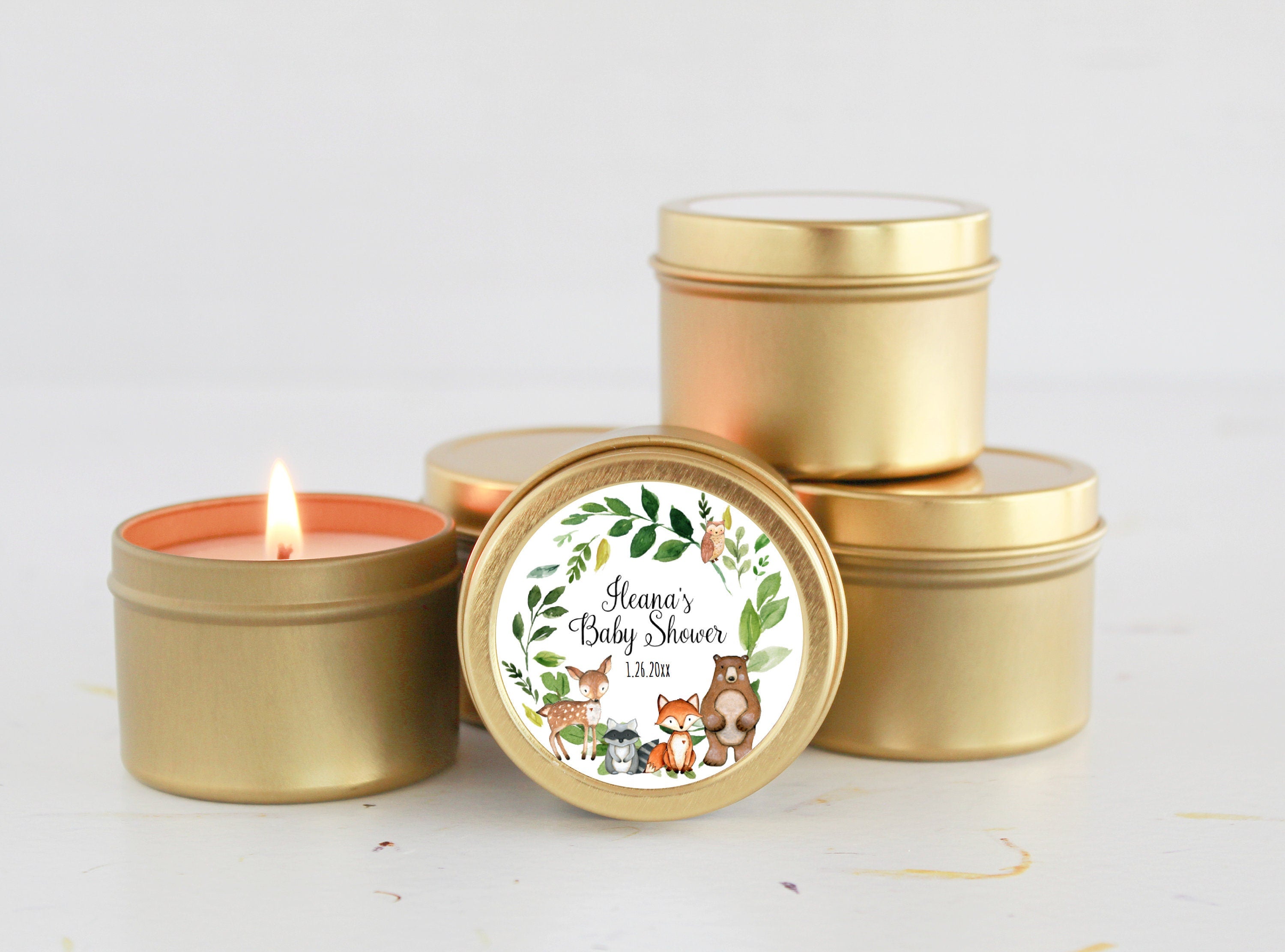 Woodland Baby Shower Favors / For Guests Bulk / Soy Candle Favors / Baby Boy / Baby Girl / Set of 10 / Gold & Silver Tins / Unique