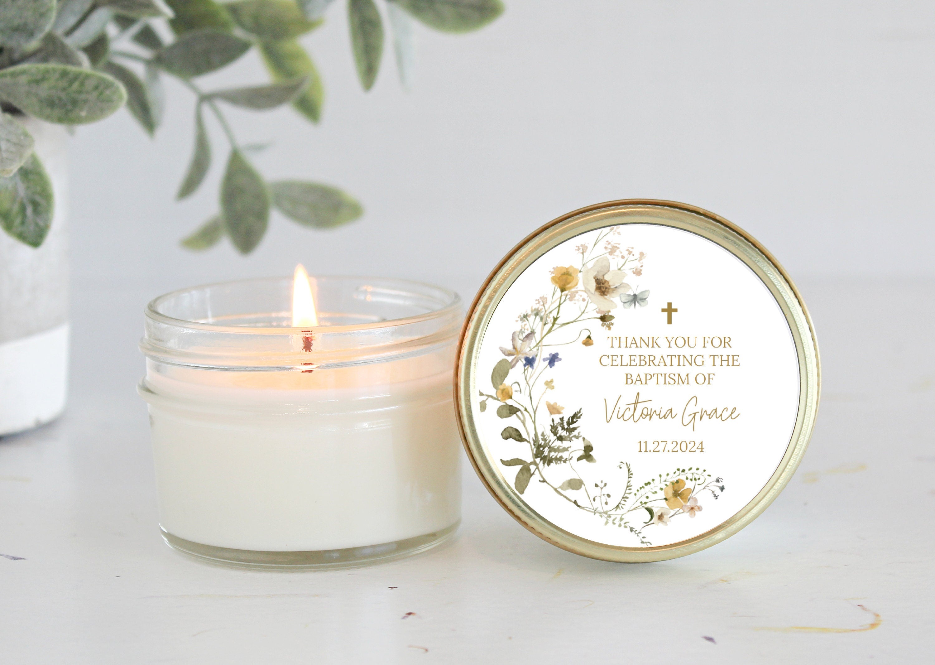 Wildflower Baptism Favors / 4 oz - Soy Candle Favors / Girl Baptism / Communion Favor / Baby Baptism Favor / Personalized Favor