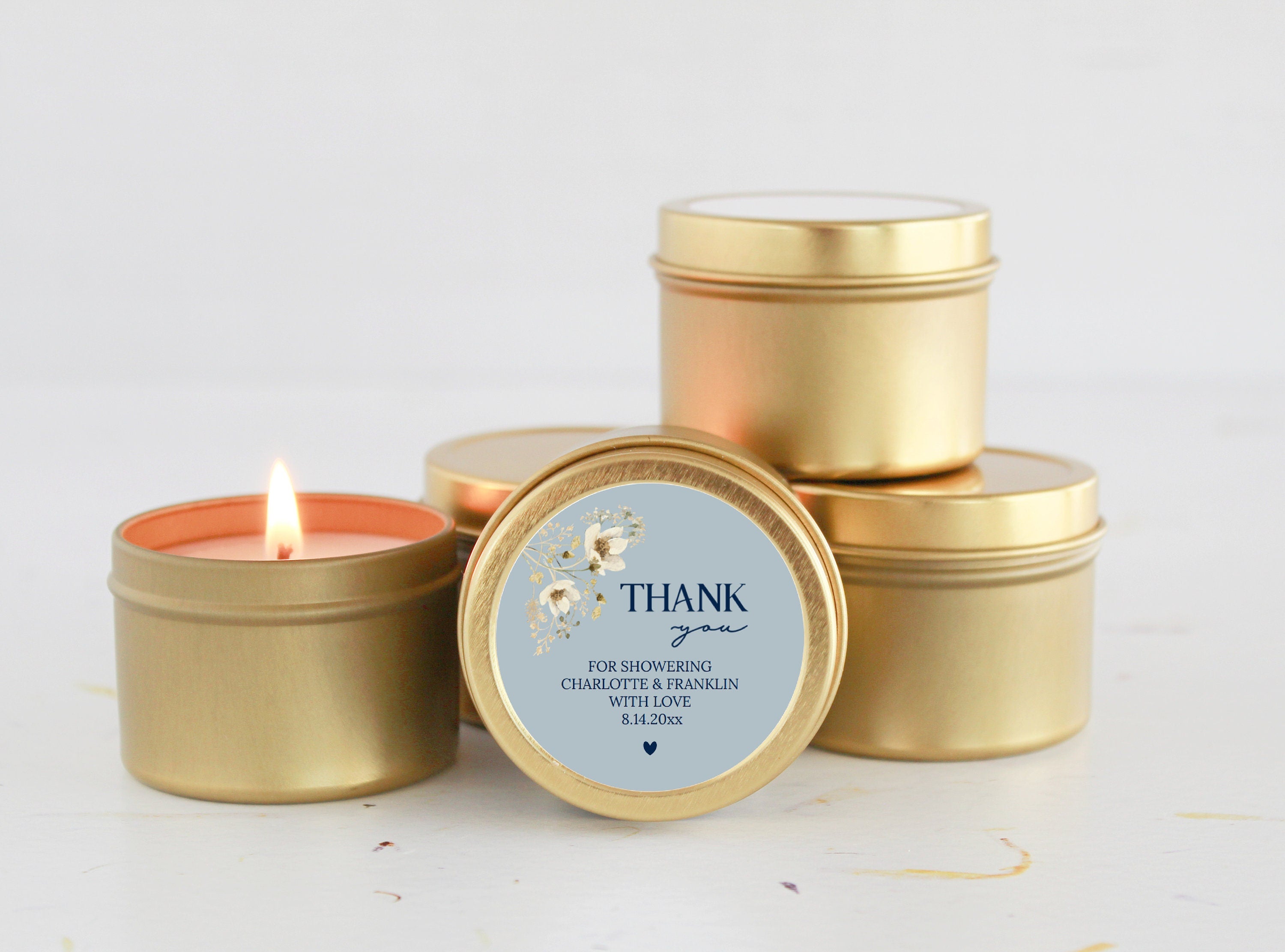 Something Blue / Personalized Bridal Shower Favors / Bulk Wedding Favor for Guests / Set of 10 Candle Favors / Gold Candle Tins / Wildflower