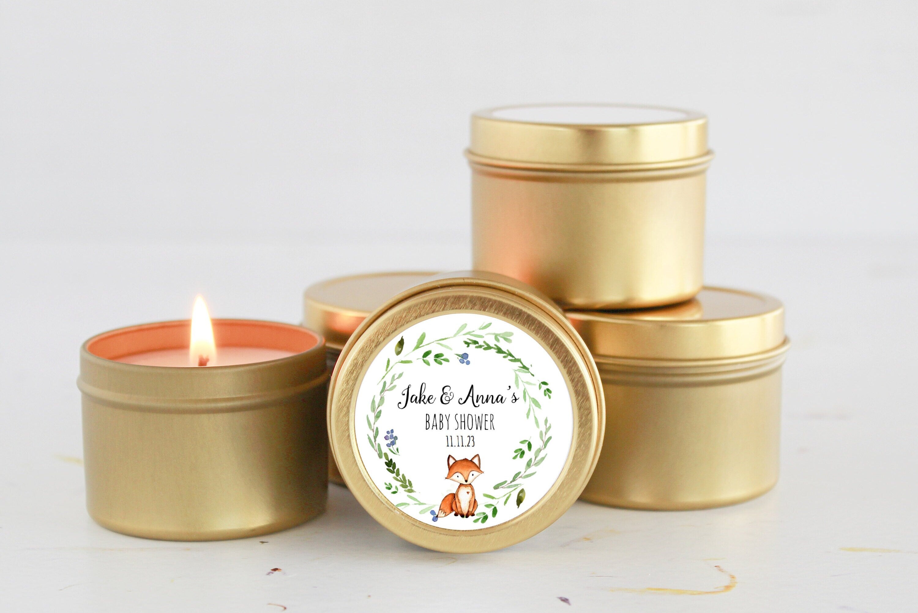 Woodland Fox Baby Shower Favors / For Guests Bulk / Soy Candle Favors / Baby Boy / Baby Girl / Set of 10 / Gold & Silver Tins / Unique