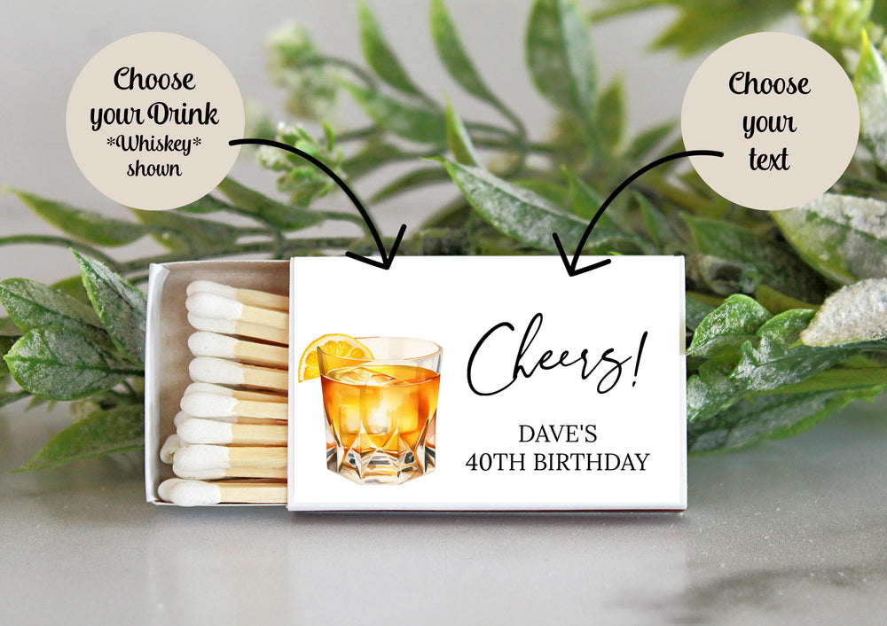 Adult Birthday Party Match Box Favors / Personalized / Set of 10 / Cheers! / Dirty 30 / 50th Birthday / 21st Birthday / Party Favors / Drink