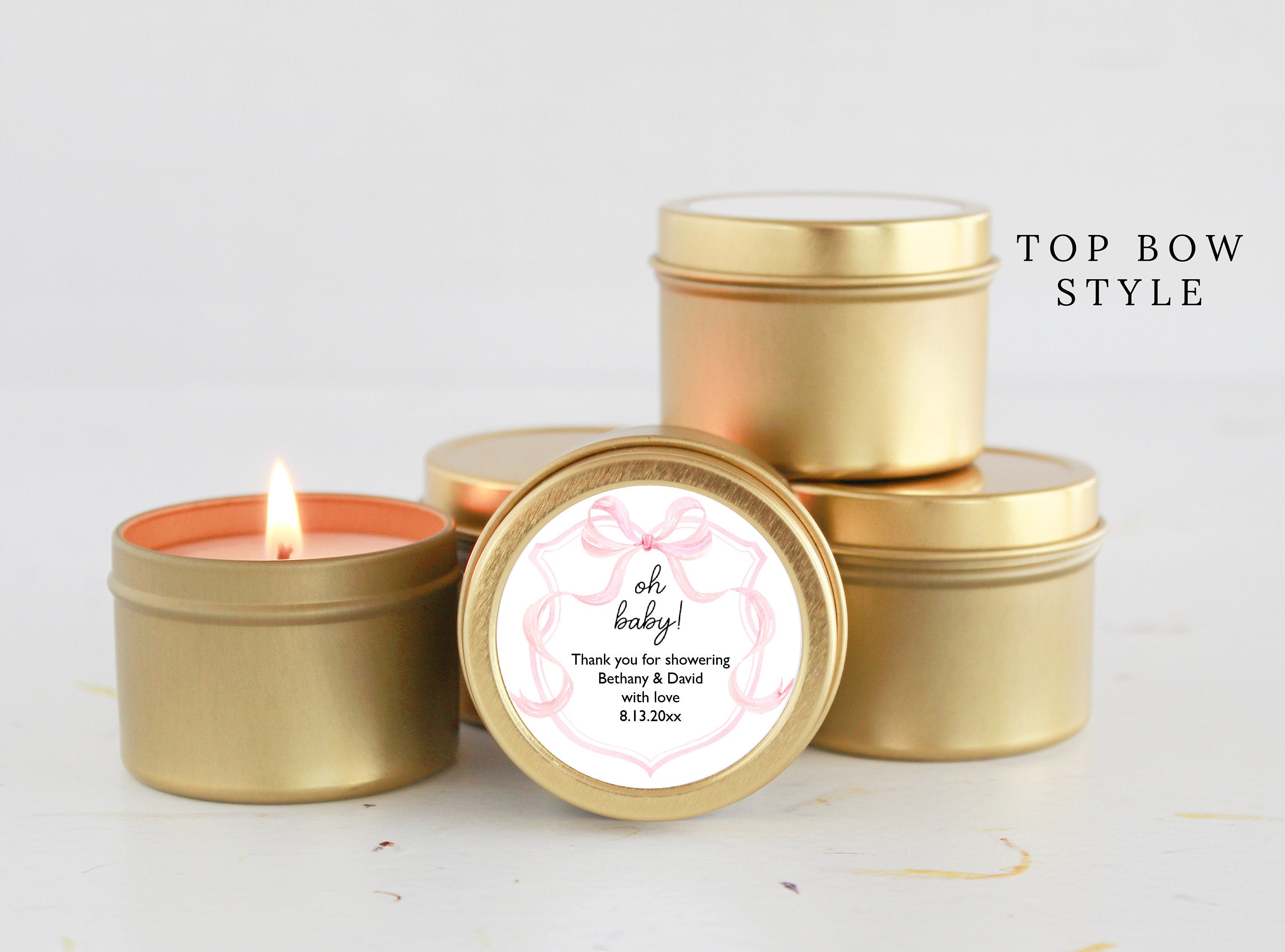 Pink Bow Baby Shower Candle Favors / For Guests in Bulk / Soy Candle Favors / Baby Girl Shower / Set of 10 / Gold & Silver Tins / Party