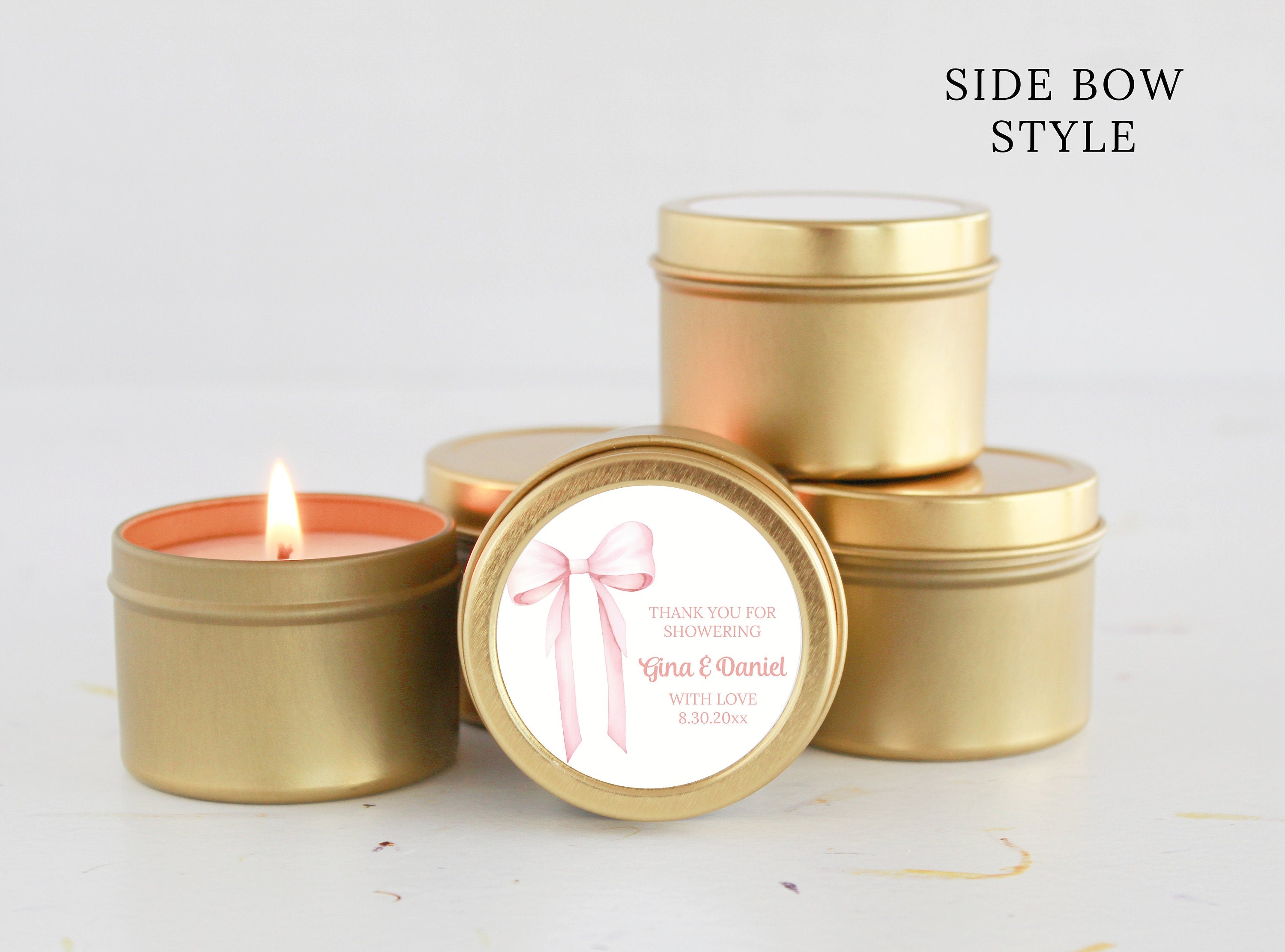 Pink Bow Baby Shower Candle Favors / For Guests in Bulk / Soy Candle Favors / Baby Girl Shower / Set of 10 / Gold & Silver Tins / Party