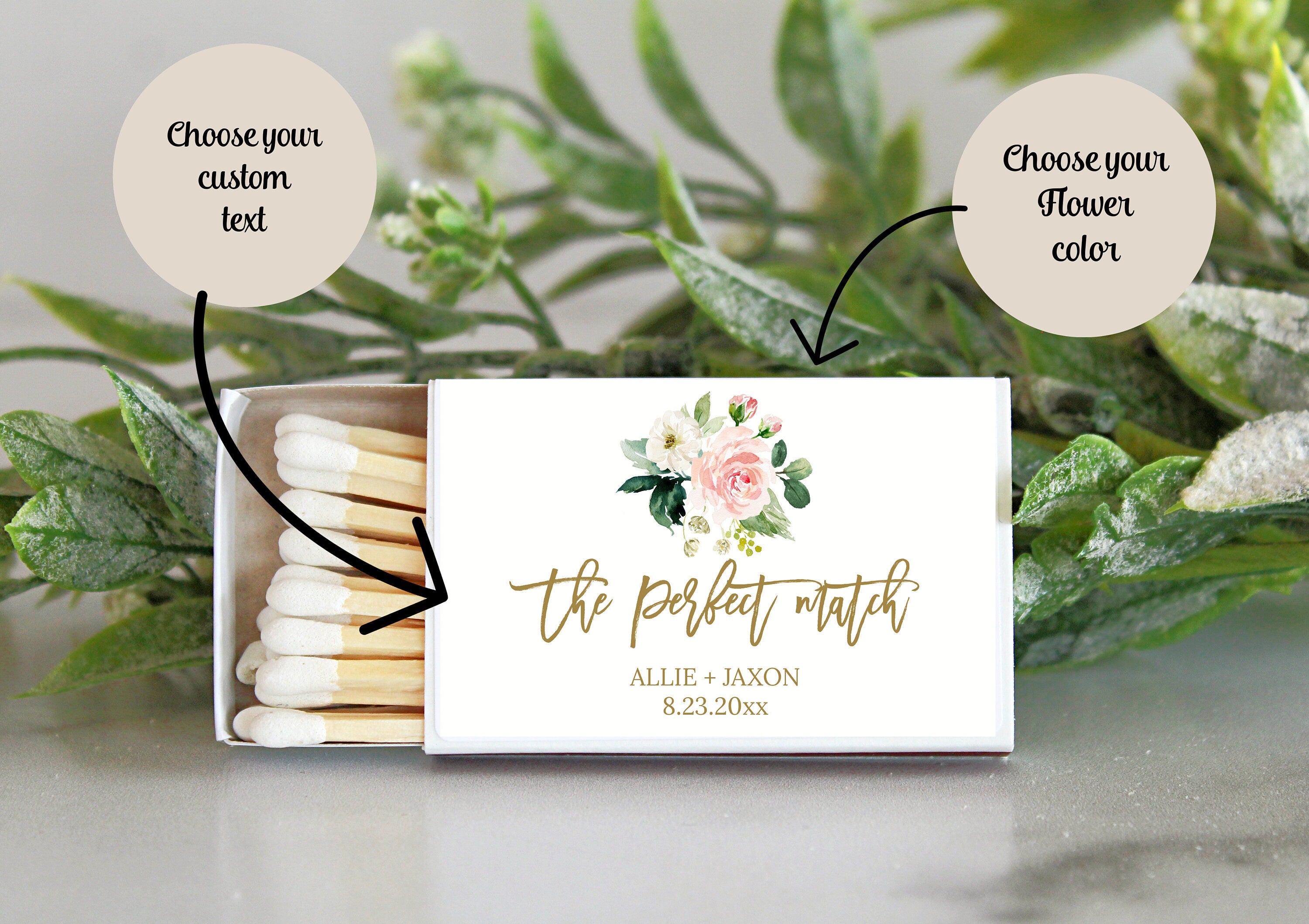 Personalized Matches / Set of 10 / Wedding Favors / The Perfect Match / Reception Favors / Bridal Shower / Engagement Party Favors Floral