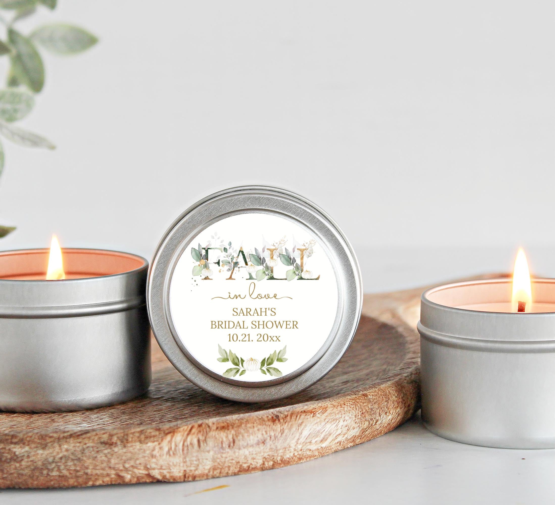 Fall In Love Wedding Favor / Set of 10 Candle Favors / White Pumpkin, Greenery, Gold Style / Bulk for Guests / Bridal Shower Favors