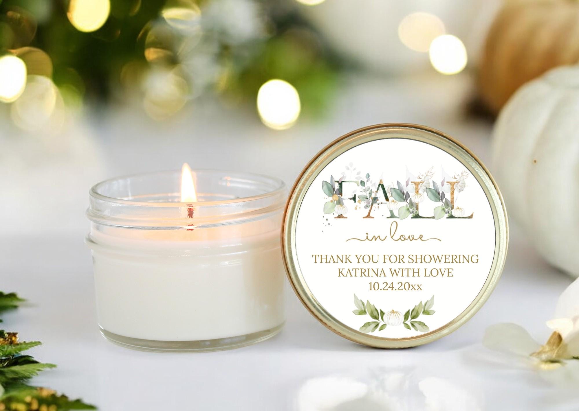 Falling in love Bridal Shower Favors / Personalized 4oz. Candle Favors / Baby Shower / White Pumpkin, Gold & Greenery / Thank you for Guests