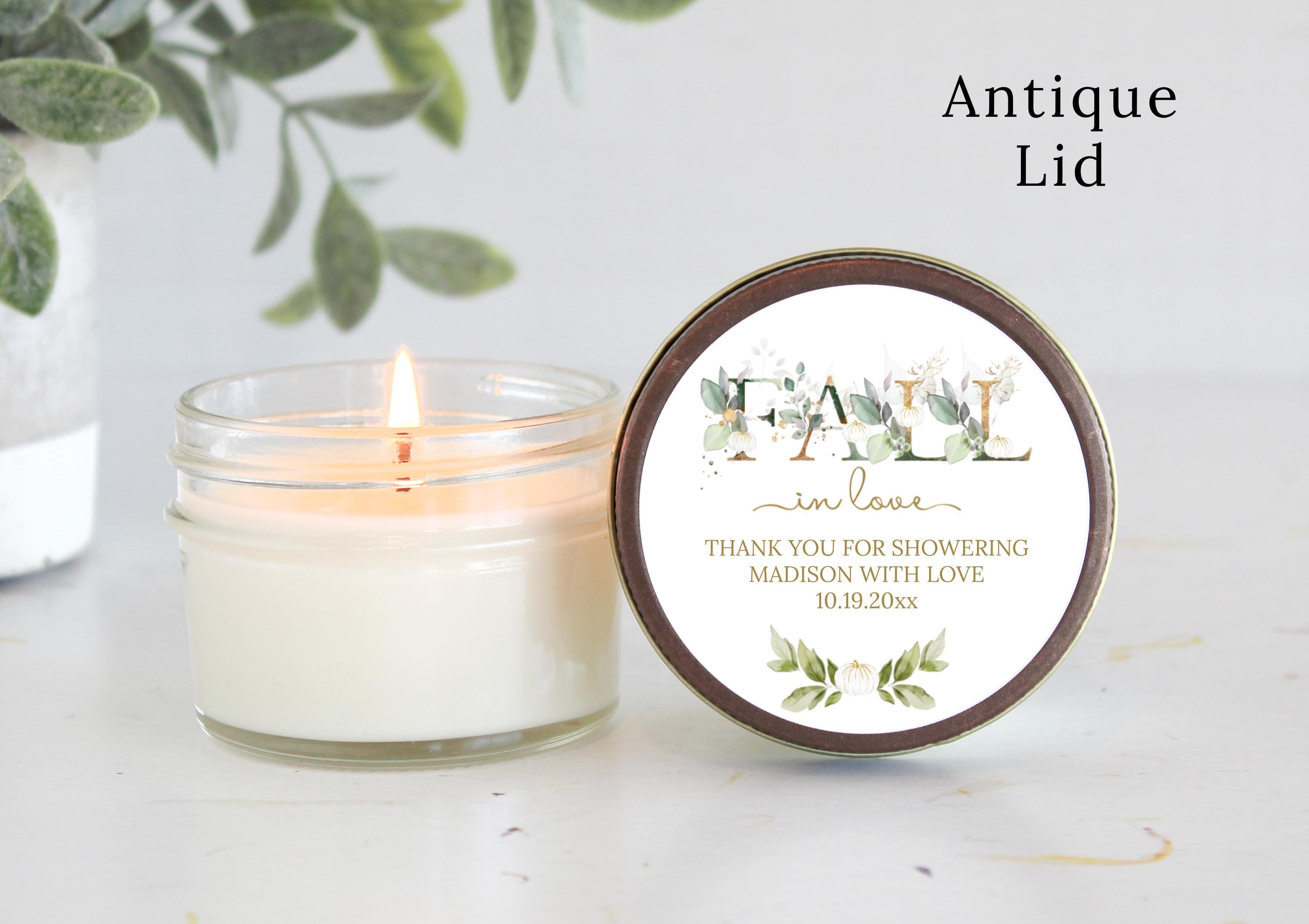 Falling in love Bridal Shower Favors / Personalized 4oz. Candle Favors / Baby Shower / White Pumpkin, Gold & Greenery / Thank you for Guests