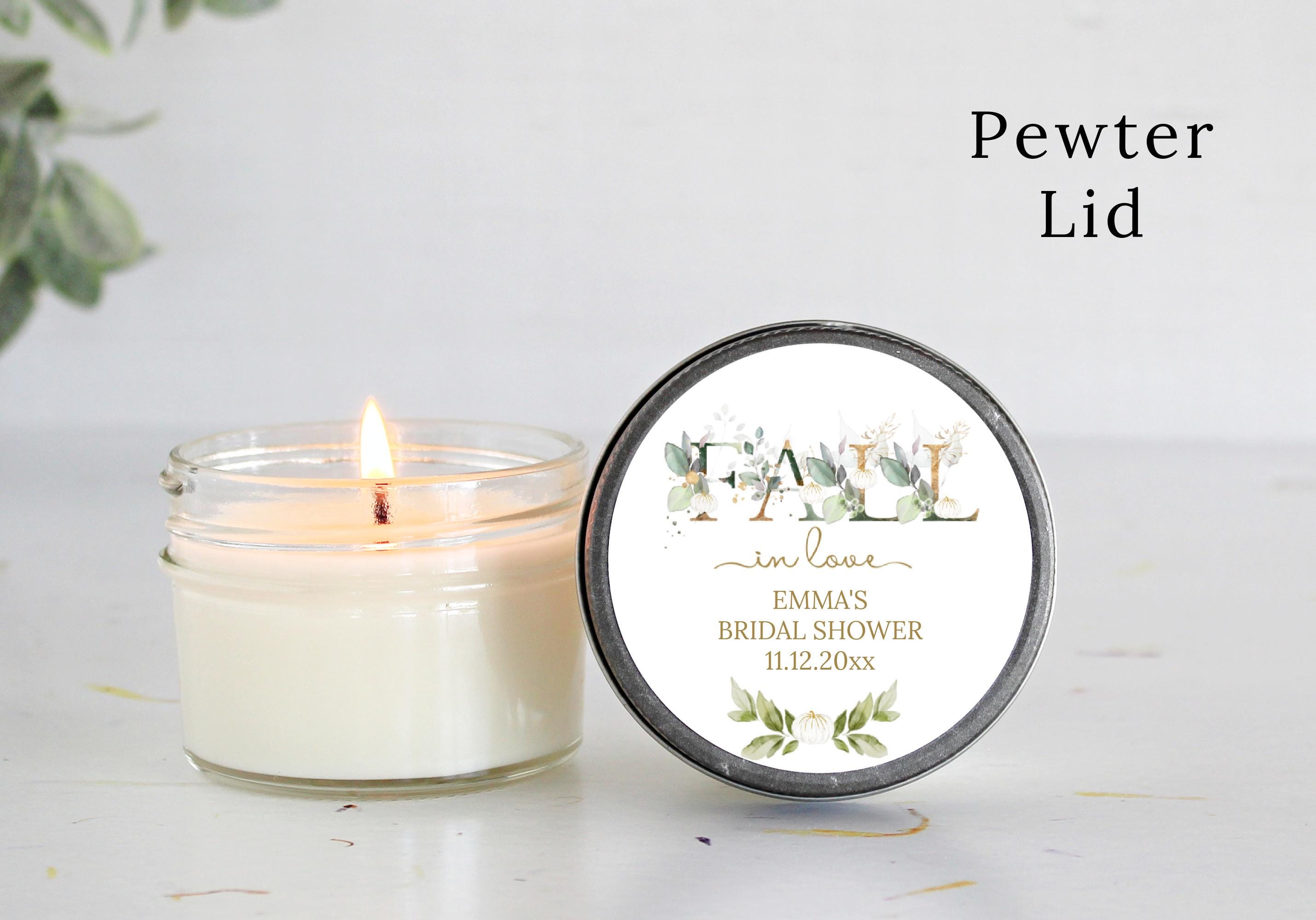 Falling in love Bridal Shower Favors / Personalized 4oz. Candle Favors / Baby Shower / White Pumpkin, Gold & Greenery / Thank you for Guests